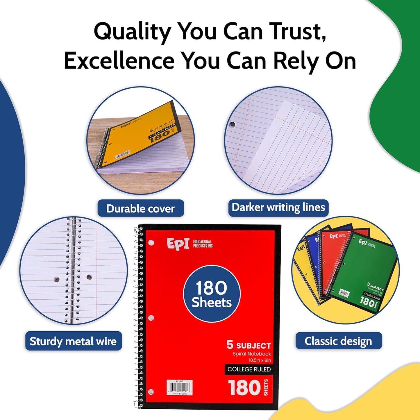 EPI Spiral Notebook | 5 Subject - College Ruled - 180 Sheets, Durable Spiral Binding | 10.5 x 8 in | Classroom Supplies | School, Office, Note Taking, Journaling - 24 Pack