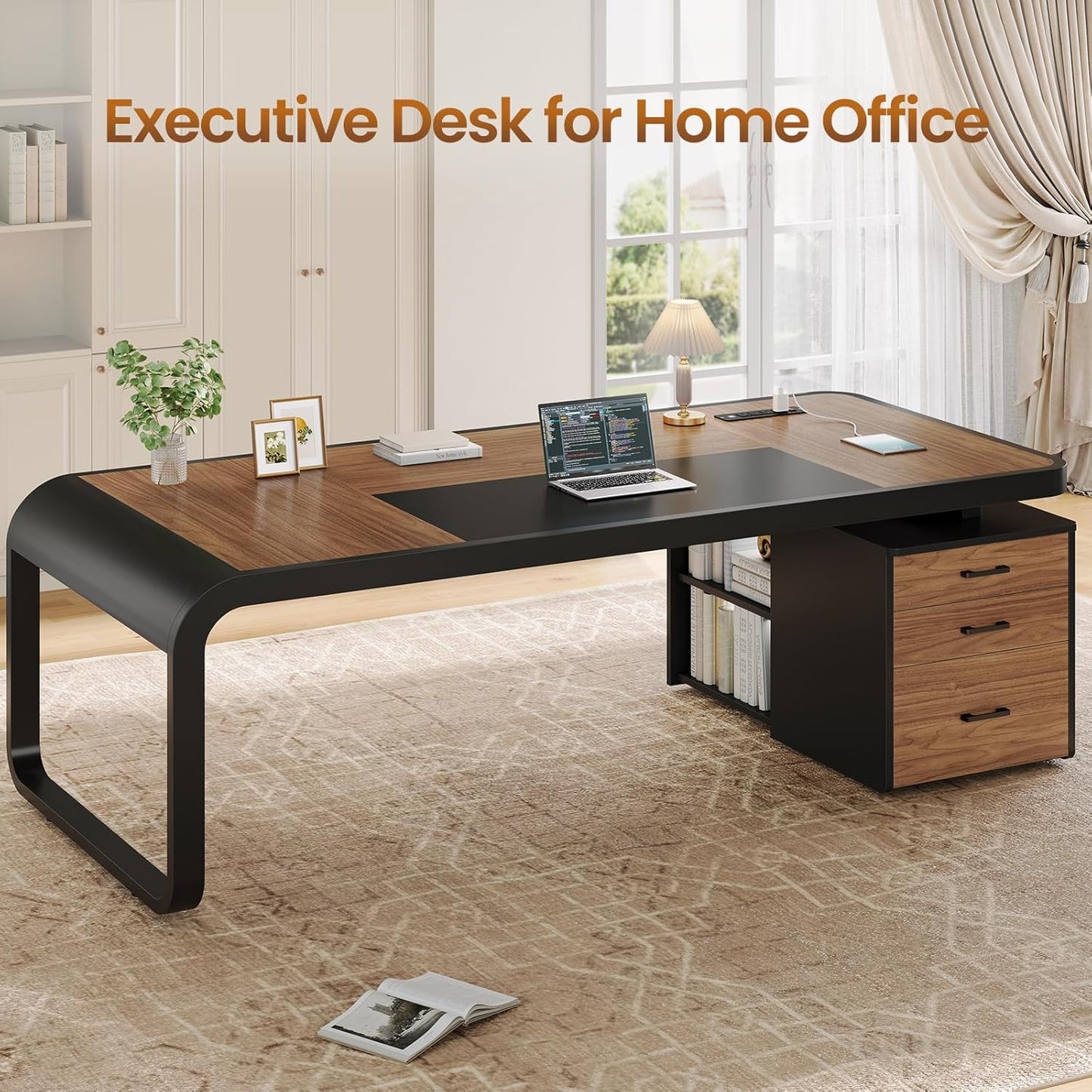 Itaar 70.9" Executive Desk, Large Computer Desk with Drawers and Lateral File Cabinet, Office Desk with Removable Shelves, Business Furniture Desk Workstation for Home Office, Walnut