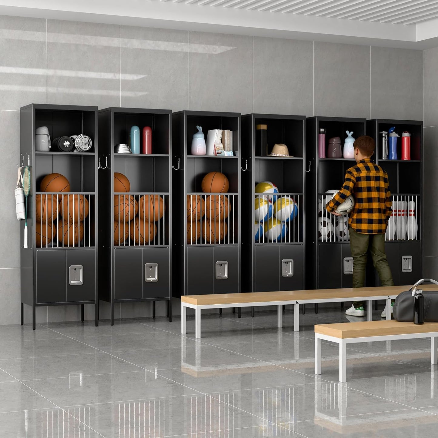 Aobabo 72" H Metal Storage Locker for Gym, for Stores Sports Gear Footballs, Rugby Balls and Tennis, Open Storage Locker with Hooks for School, Gym, Black, Assembly Required
