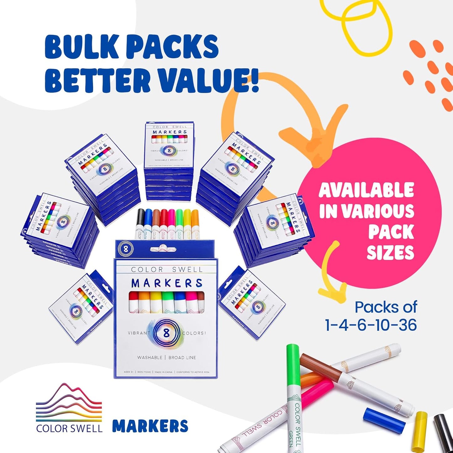 Color Swell Super Tip Markers 6 Boxes of 8 Washable Vibrant Colors (48 Total) Perfect Bulk Marker Pack for Kids, Parties, Classrooms
