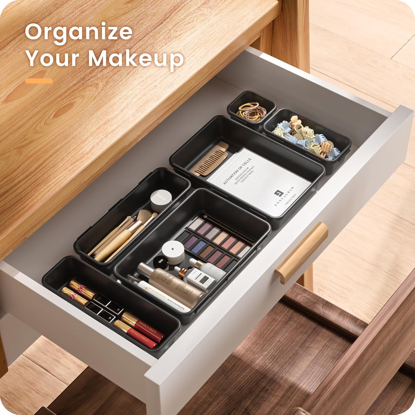 【28PCS】A-LUGEI Drawer Organizer, Bathroom Organizers and Storage, Makeup organizer, Desk drawer organizer, Storage Bins for Kitchen Office Bedroom Vanity Jewelry Pantry Garage【Black】【4Size】