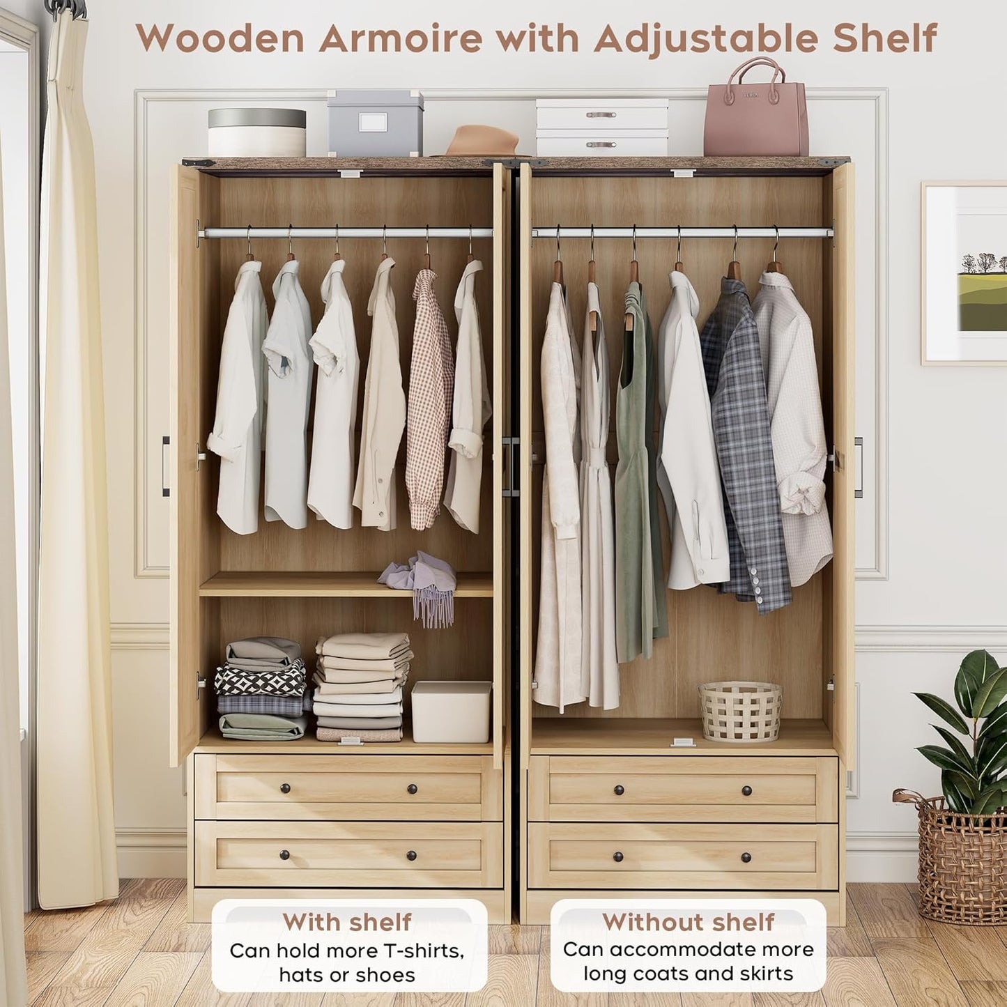 Brafab Wooden Armoire Wardrobe Closet with 2 Modern Doors, 71" Tall Freestanding Closet Wardrobe Cabinet with Drawers and Hanging Rail, Storage Cabinet with Shelve for Bedroom (Natural, 2 Doors)