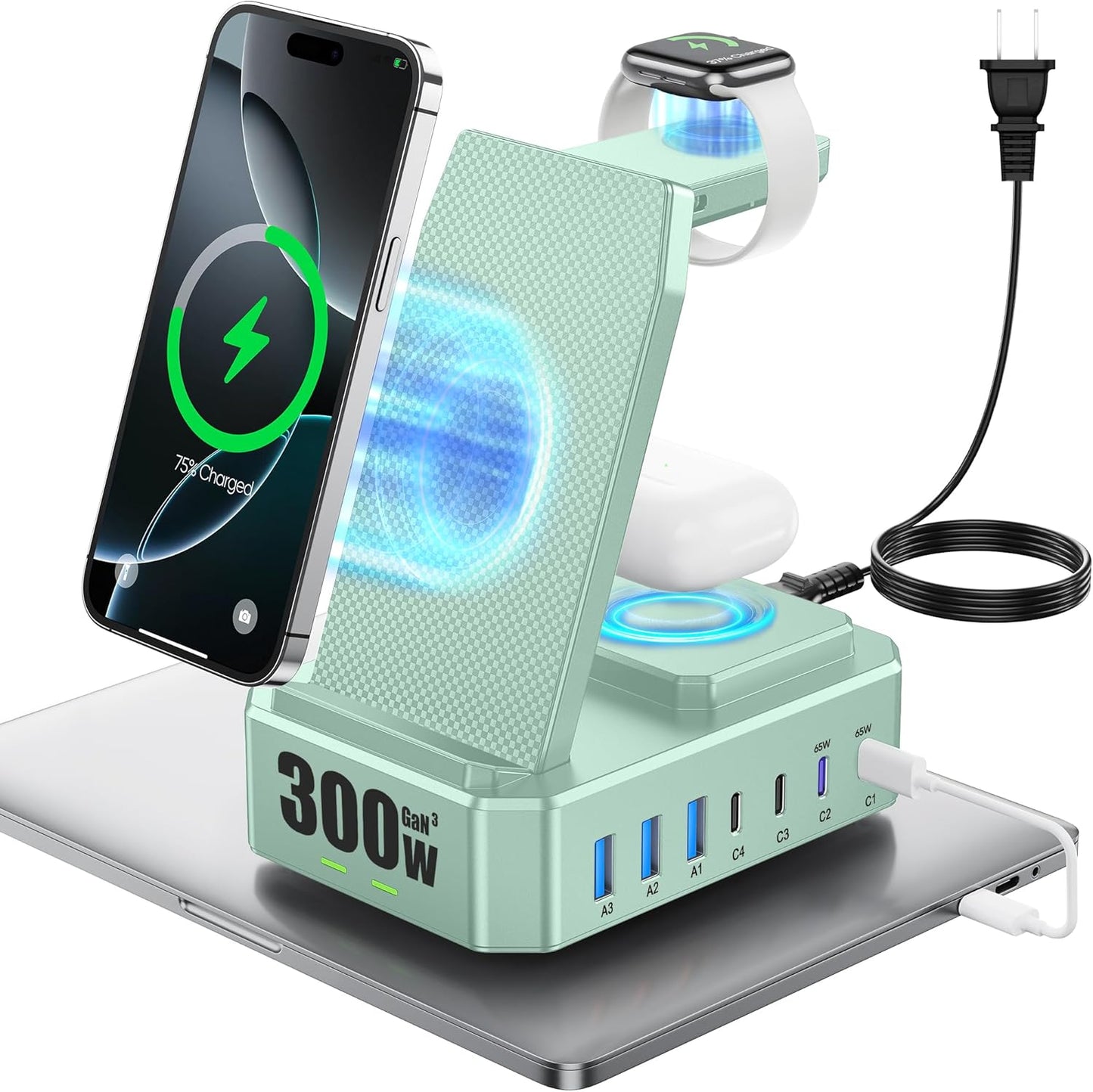 300W Charging Station for Multiple Devices Apple, Zutspzss 10 in 1 Wireless Charger for iPhone 16, GaN III USB C 65W PD Fast Charging Stand Dock for MacBook, Apple Watch&Airpods,Green