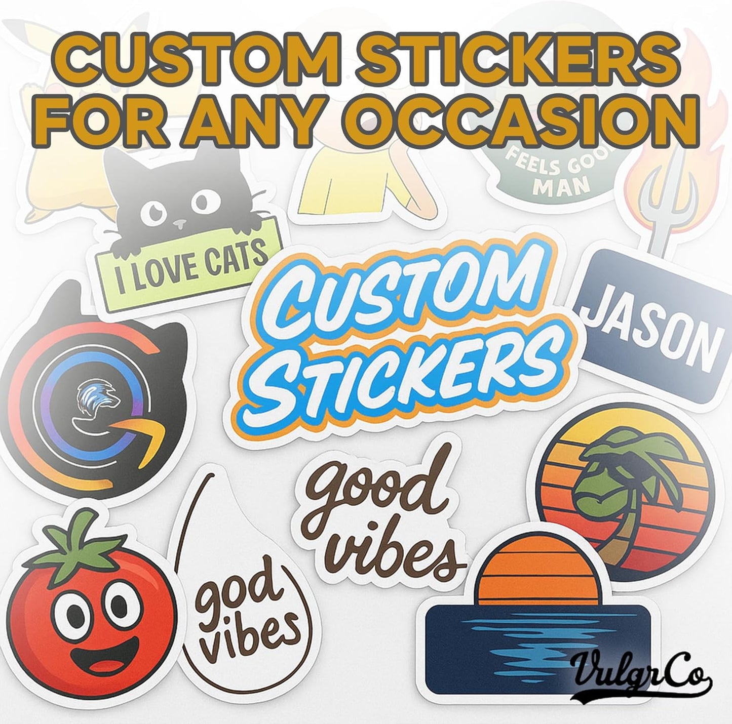 VulgrCo Personalized Custom Individually Die Cut Stickers Decals for Fun, Business, Weddings, Birthdays, Gifts Waterproof (Clear)