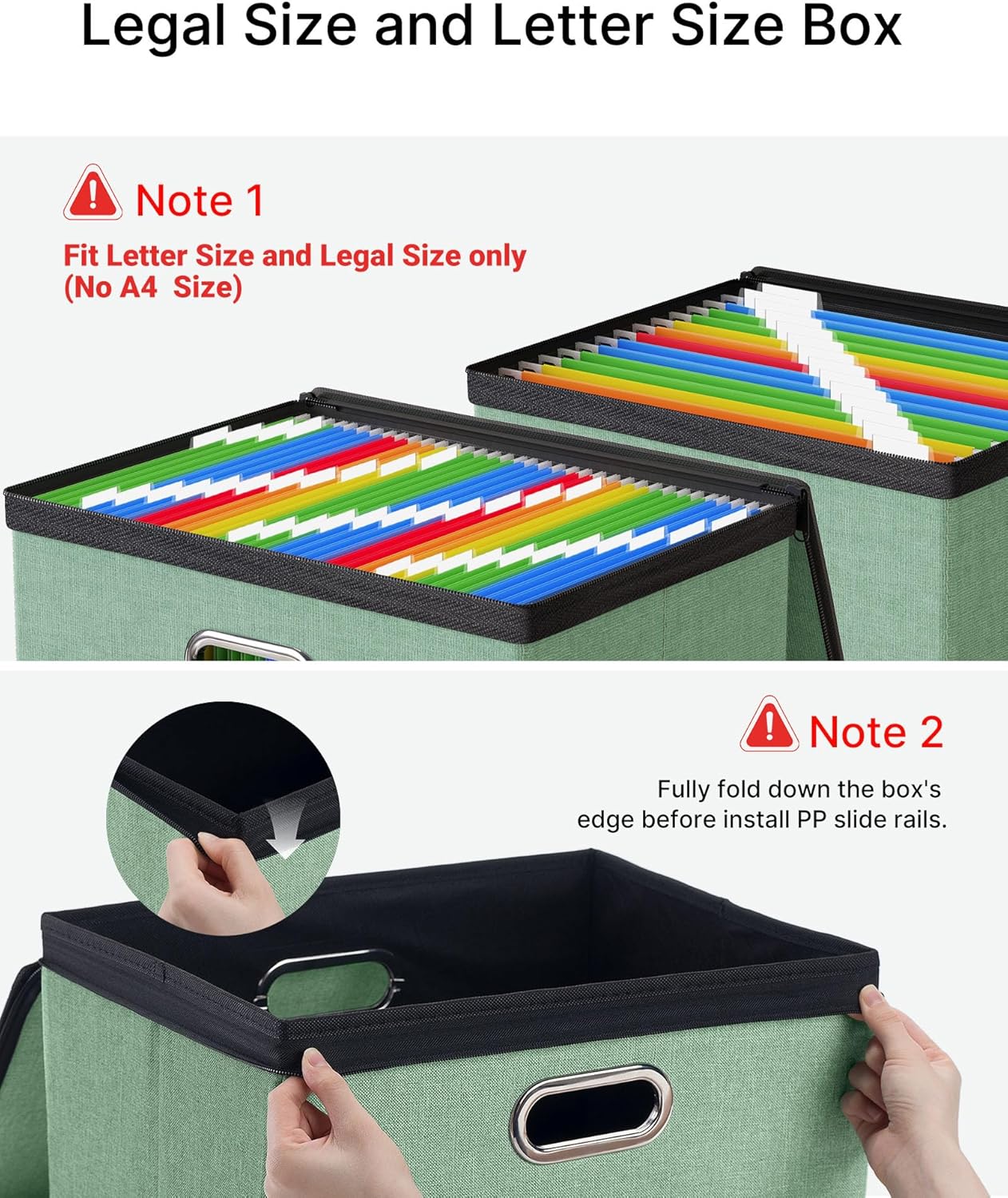 Oterri 2 Pack Large File Organizer Boxes with Lids, File Box with Mesh Pockets, Document Organizer Box for Letter/Legal Size Folders, Zippers Important Document Organizer (Green, Without Folders)