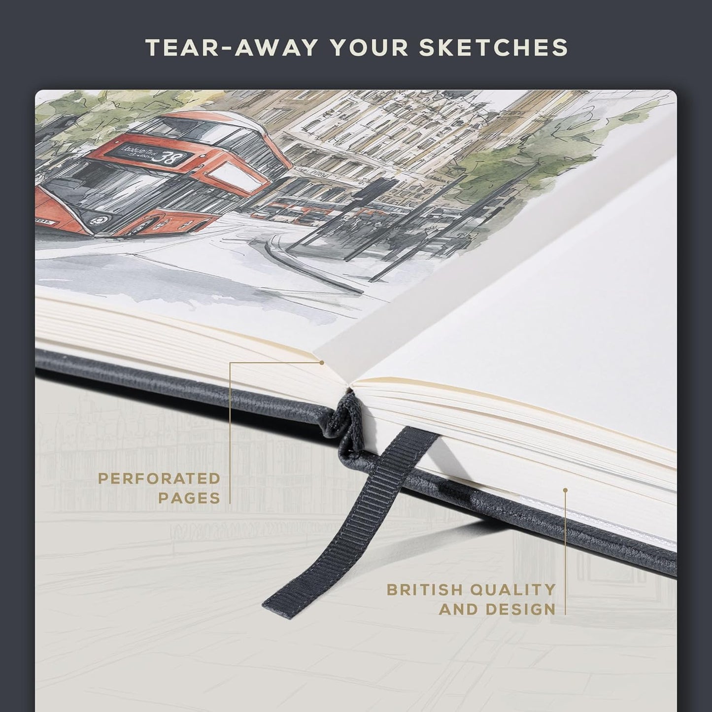 Beechmore Books A4 Sketchbook – 8.5x11 Premium Vegan Leather Bound Large Sketch Book Hardcover with 156 Thick 160gsm Perforated Ivory Pages, Blank Sketch Pad, Gift Boxed, Back Pocket, Ribbon Bookmark