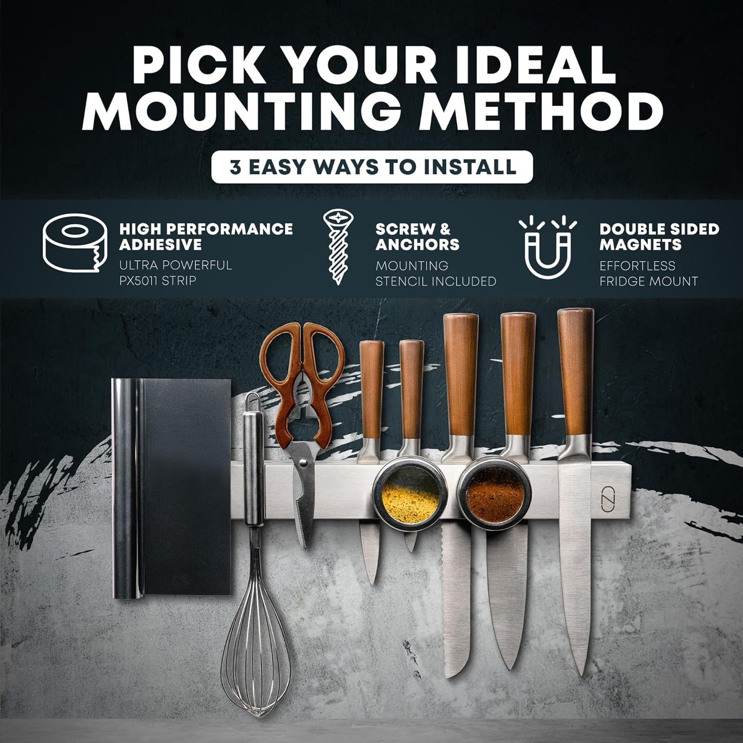 16" Magnetic Knife Holder for Refrigerator with 2x Storage - Safe, Patented Storage Design - Stainless Steel Double Sided Magnetic Kitchen Knife Holder for Fridge - Magnet Strip Utensil Organizer