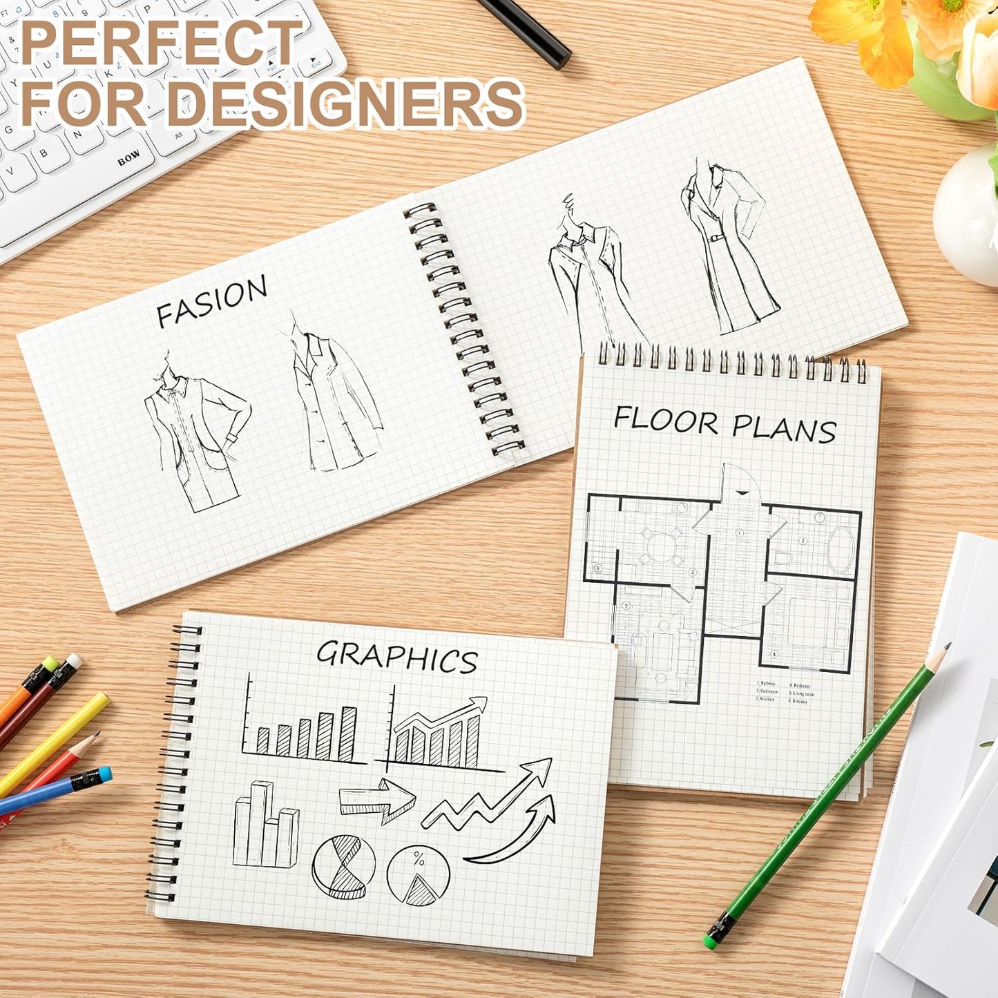 6 Pack Graph Paper Spiral Notepad A5 Top Wirebound Notepad Grid Notebook Steno Pads Memo Notebook Grid Paper 140 Pages for Writing Sketching Drawing Office Supplies (Kraft)