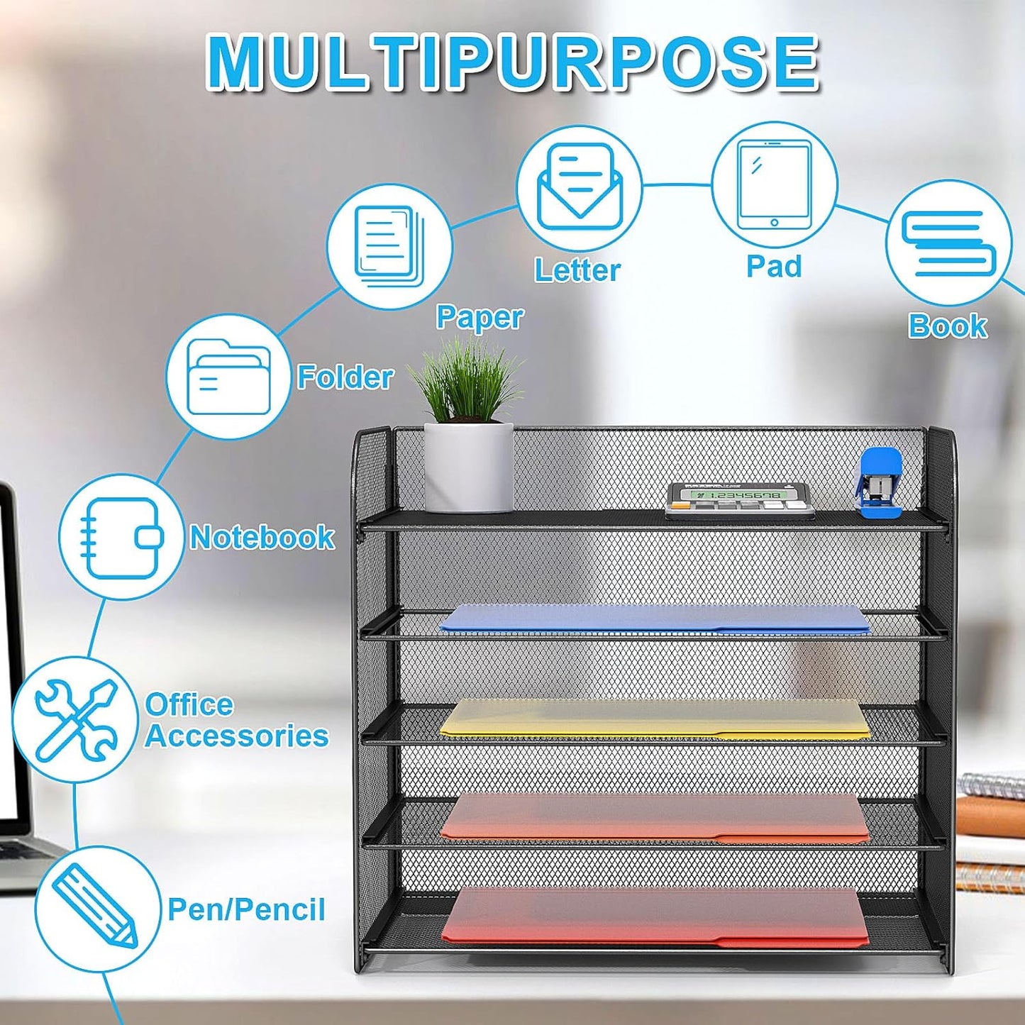 A4/Legal/Letter Size，5 Tier Mesh Letter Tray File Organizer,15.2 x 9.5 x 13.4 inches,Office File Folder Holder,Space Saving,Black