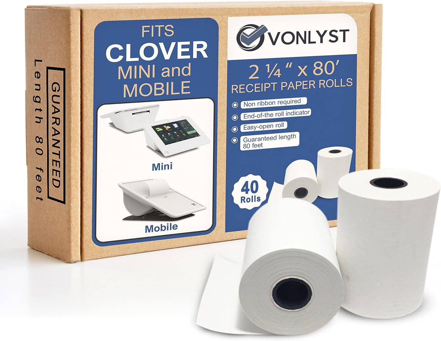 Receipt Paper for Clover Mini and Clover Mobile Thermal Printer 2 1/4 x 80 (40 rolls)