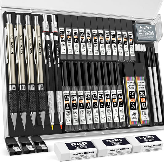 Nicpro 37PCS Art Mechanical Pencil Set, 4PCS Metal Drafting Pencil 0.3mm, 0.5 mm, 0.7 mm, 0.9 mm & 2PCS 2mm Lead Holder (6B 4B 2B HB 2H 4H Colors) For Sketching Drawing With 23 Tube Lead Refills Case