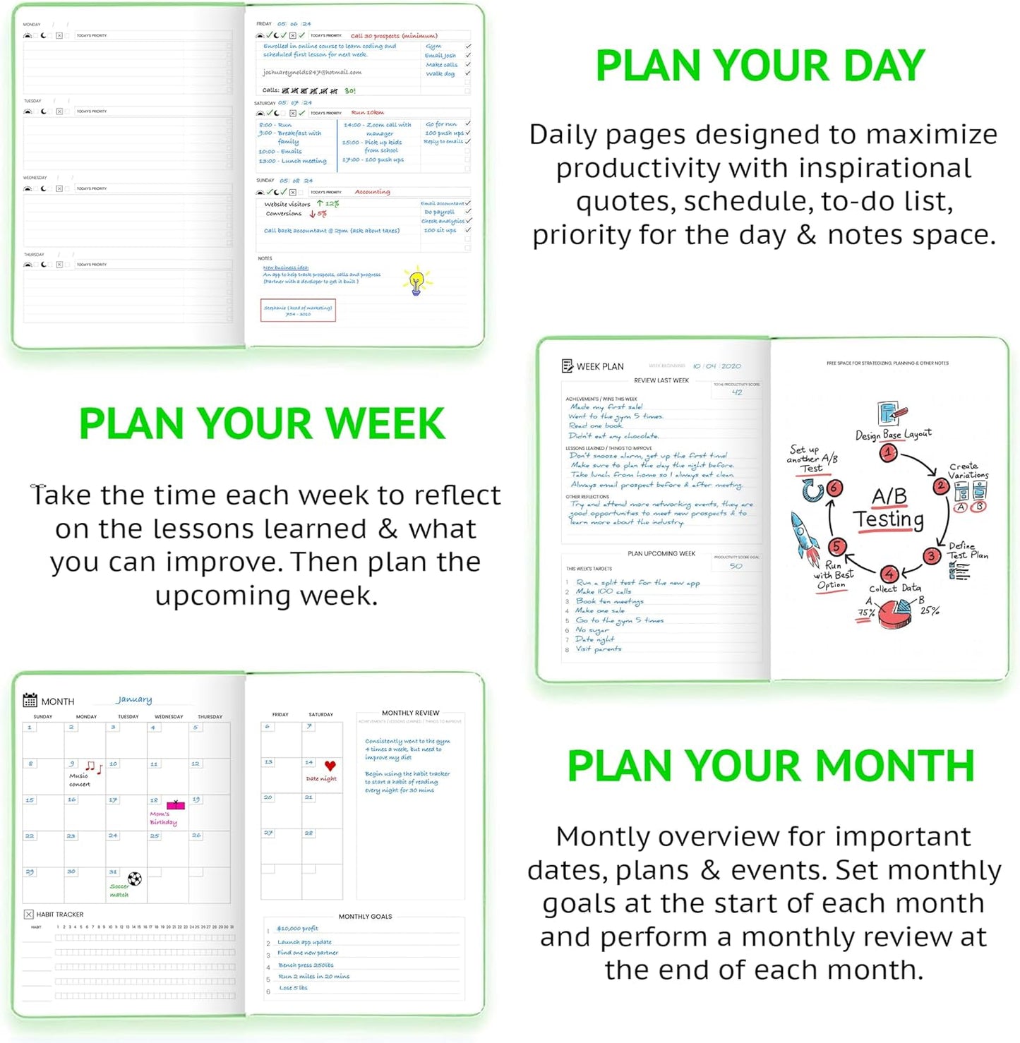 Undated Daily Planner – 1-Year B5 Productivity Organizer with Two-Page Weekly Spread, Goal Setting, Habit Tracker, Weekly & Monthly Pages – Hardcover Time Management Notebook (Lime Green)