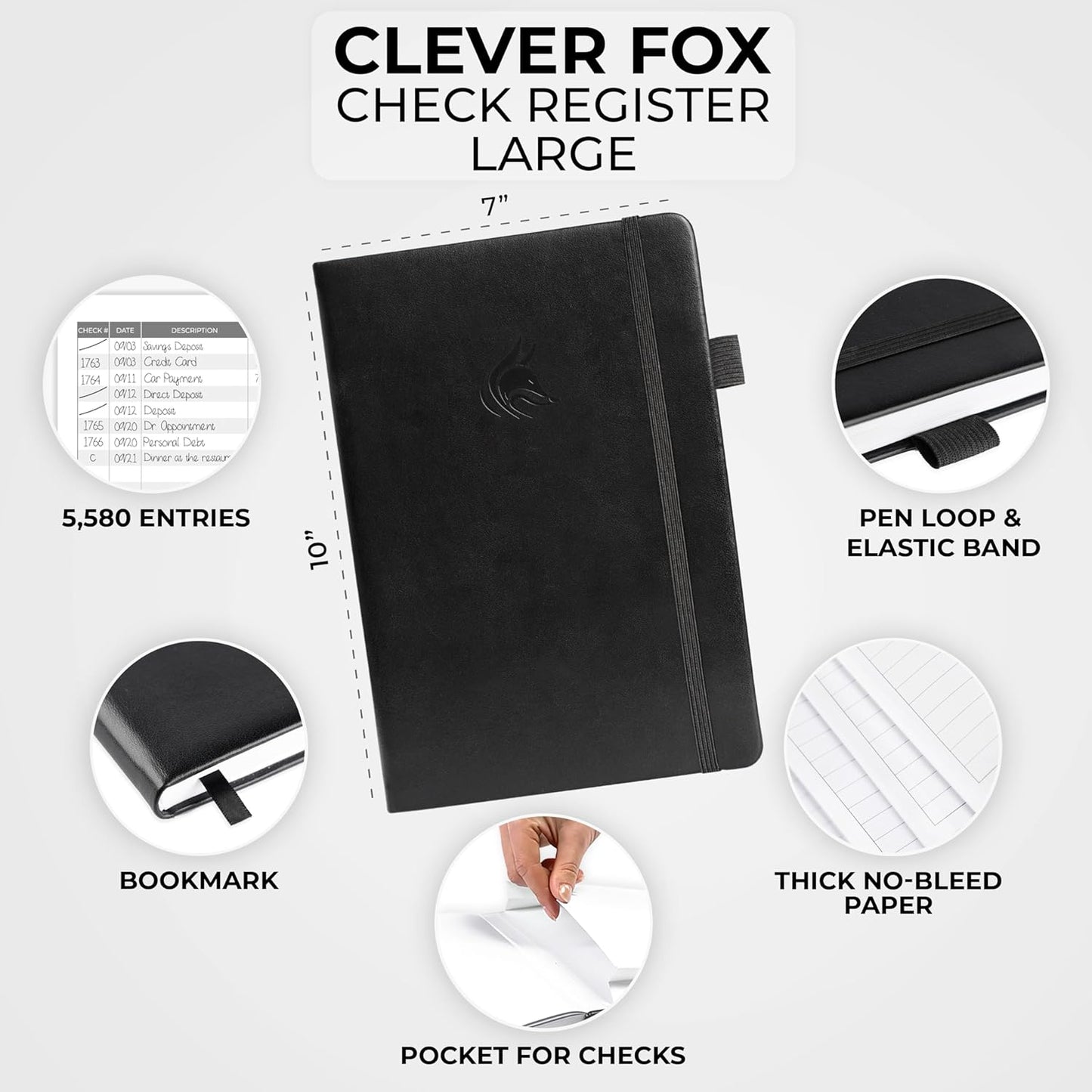 Clever Fox Check Register Book - Deluxe Transaction Register, Accounting Ledger Book, Checkbook Register & Checking Account Register Book for Personal and Work Use, Large Size, 7x10” - Black