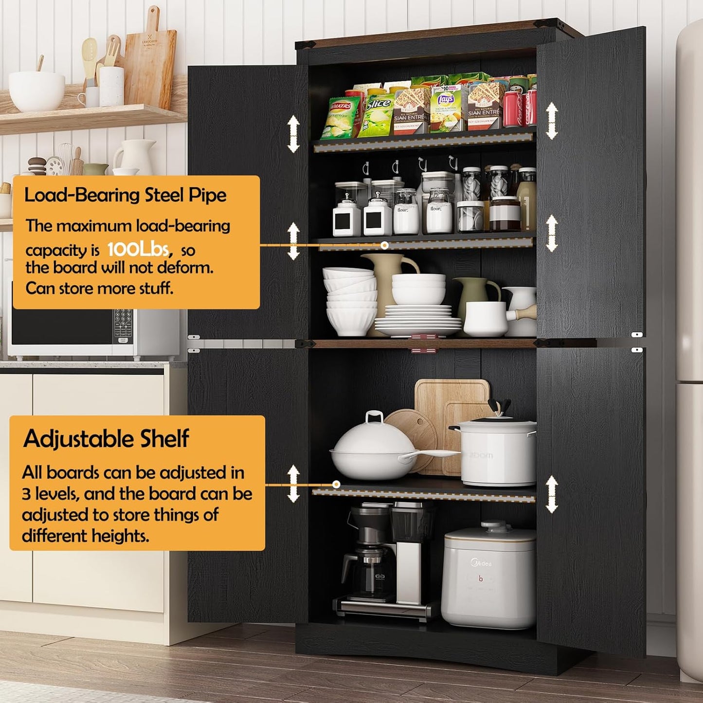 71in Farmhouse Kitchen Pantry Cabinet,Tall Storage Cabinet with 4 Doors and Adjustable shelves,with Load-Bearing Steel Pipe,Wood Storage Cabinets for Kitchen,Dining Room,Bathroom(Black)