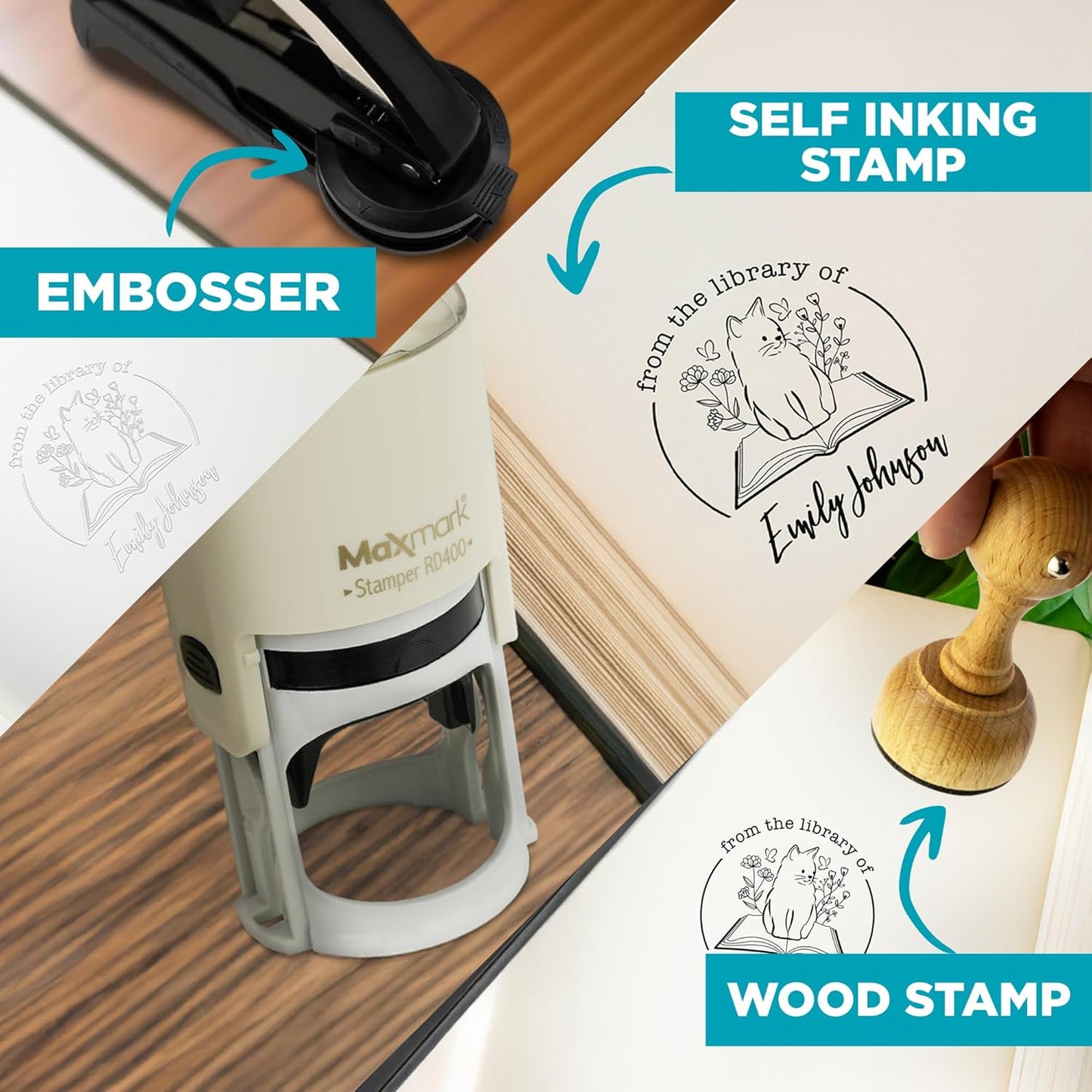 Custom Library Embosser - Style 107 - Embosser, Wood Stamp or Self Inking Stamp - Book Embosser Includes 50 Gold Seals - Custom Stamp Seal from The Library of