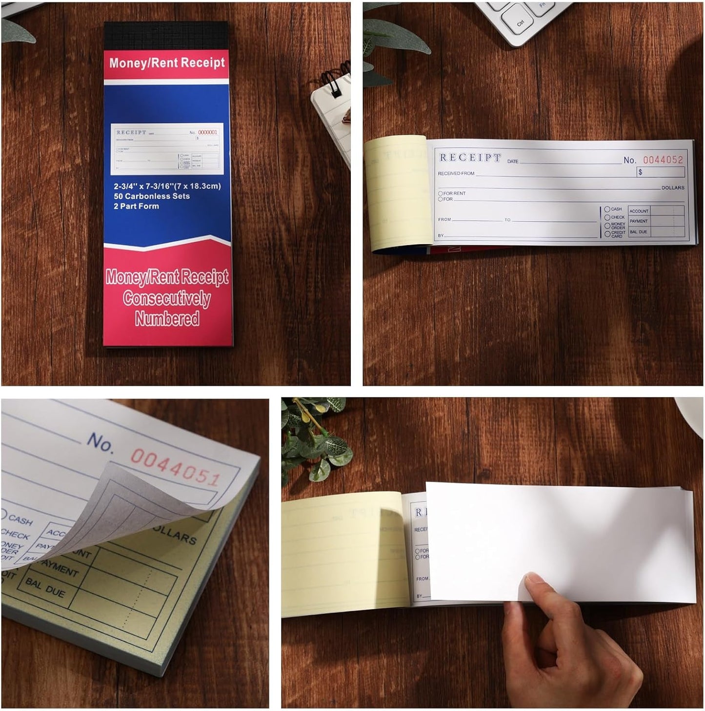 Crtiin 30 Pads Money and Rent Receipt Book 2.75 x 7.2 Inch Bound Cover 2 Part Carbonless Receipt Book with Carbonless Copies Receipt Log Book 50 Sets Per Book