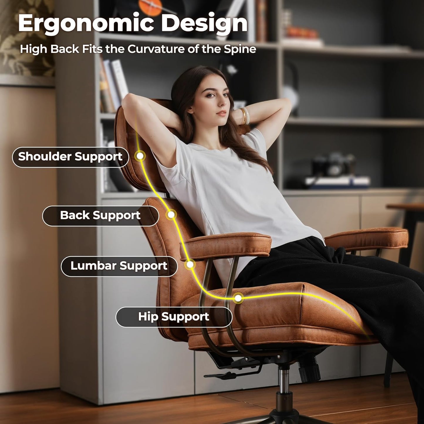 ovios Home Office Chair, Mid-Century Modern Faux PU Leather Chairs with Lumbar Support Comfy Thick Cushion, High Back Ergonomic Swivel Rolling Executive Armchair (Brown, Suede Leather)