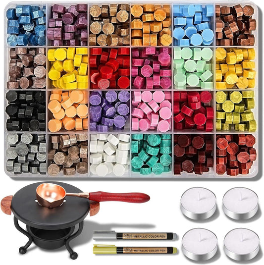 YIPLED Sealing Wax Kit - 728 Pcs With 24 Color Beads, 2 Pens, Warmer, Stamp Spoon and Candles for Gift & Envelope Sealing, Wedding Invitation