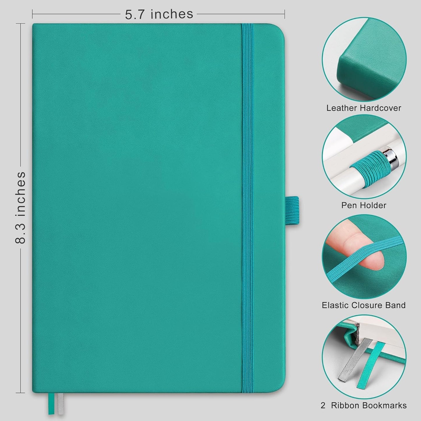 RETTACY Bullet Dotted Journal Notebook, 2-Pack, 160 Numbered Pages per Pack, A5 Medium Size (5.7'' x 8.3''), 120 GSM Thick Paper, Leather Hardcover, for Bullet Journaling (Black & Cyan)