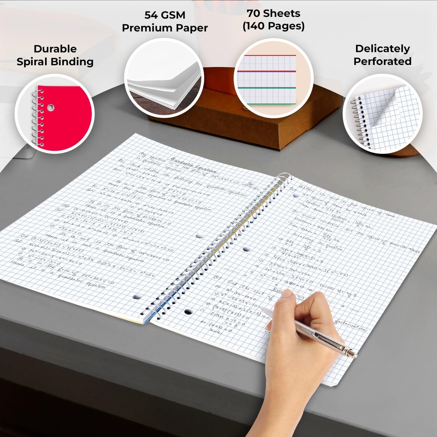 1 Subject Graph Paper Spiral Notebook, 24 Pack, 70 Sheets (140 Pages), 8 x 10-1/2" Bulk 4x4 Spiral Bound Grid Notebooks, 3 Hole Punched Single Subject Quad Ruled Spiral Notebooks for School