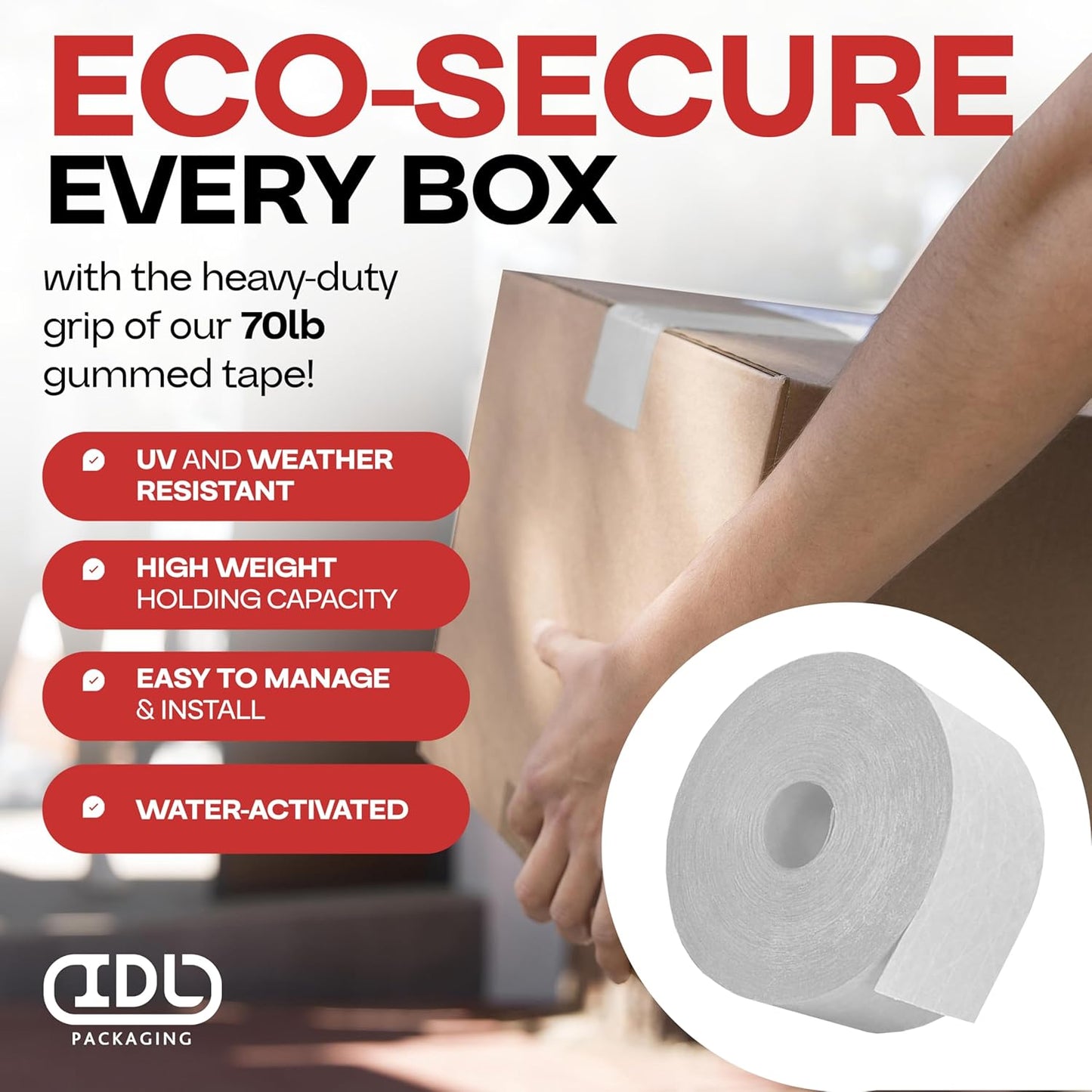 IDL Packaging 3" x 375 feet Reinforced Water-Activated Kraft Gummed Tape 70lb Thickness (Pack of 8) - Secure Paper Packing Tape for Secure Carton Sealing - Heavy-Duty for All Conditions, White