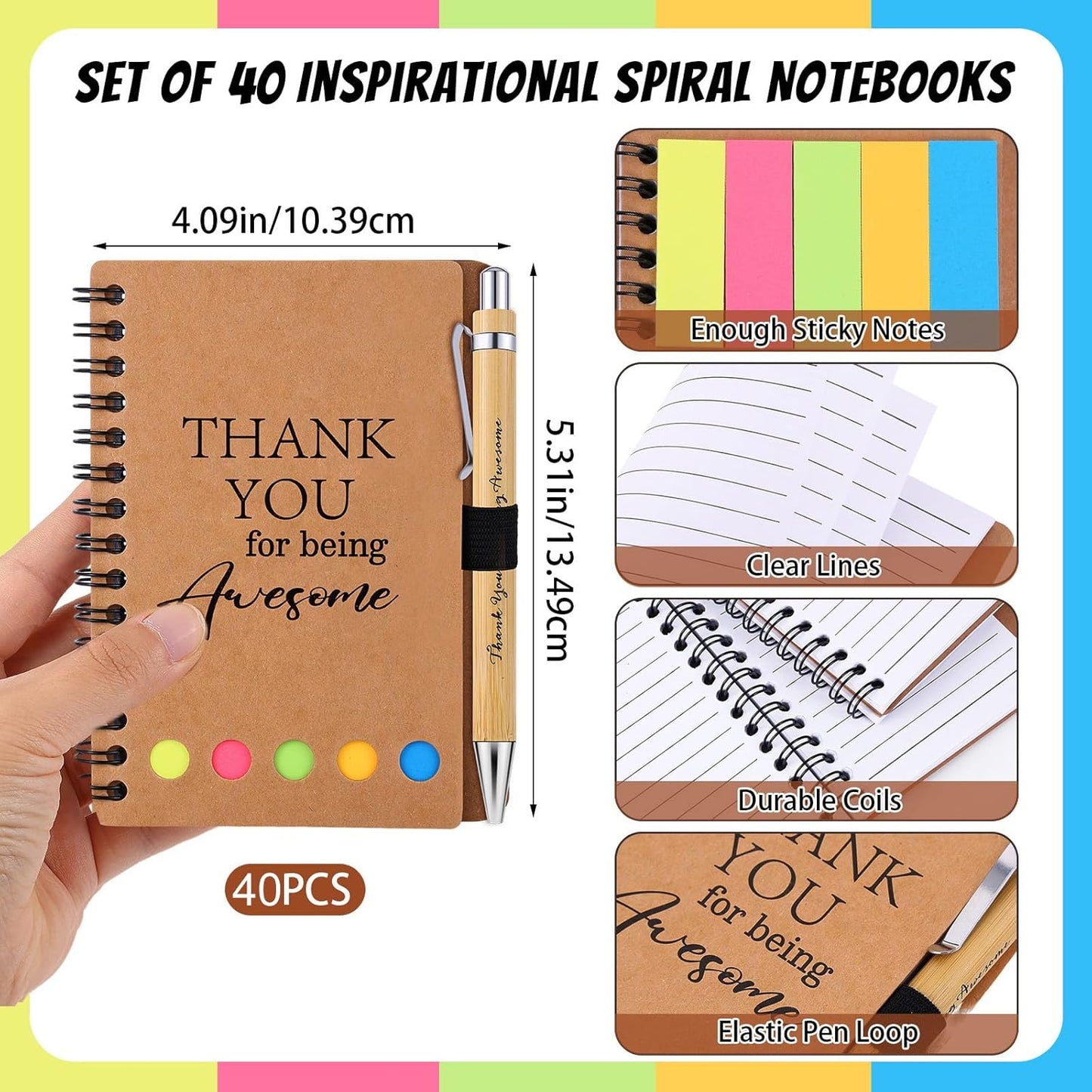 40 Sets Employee Appreciation Gifts Encouragement Inspirational Spiral Notebooks with Sticky Notes Notepads Thank You Bamboo Ballpoint Pens for Nurse Coworker Teacher (THANK YOU)