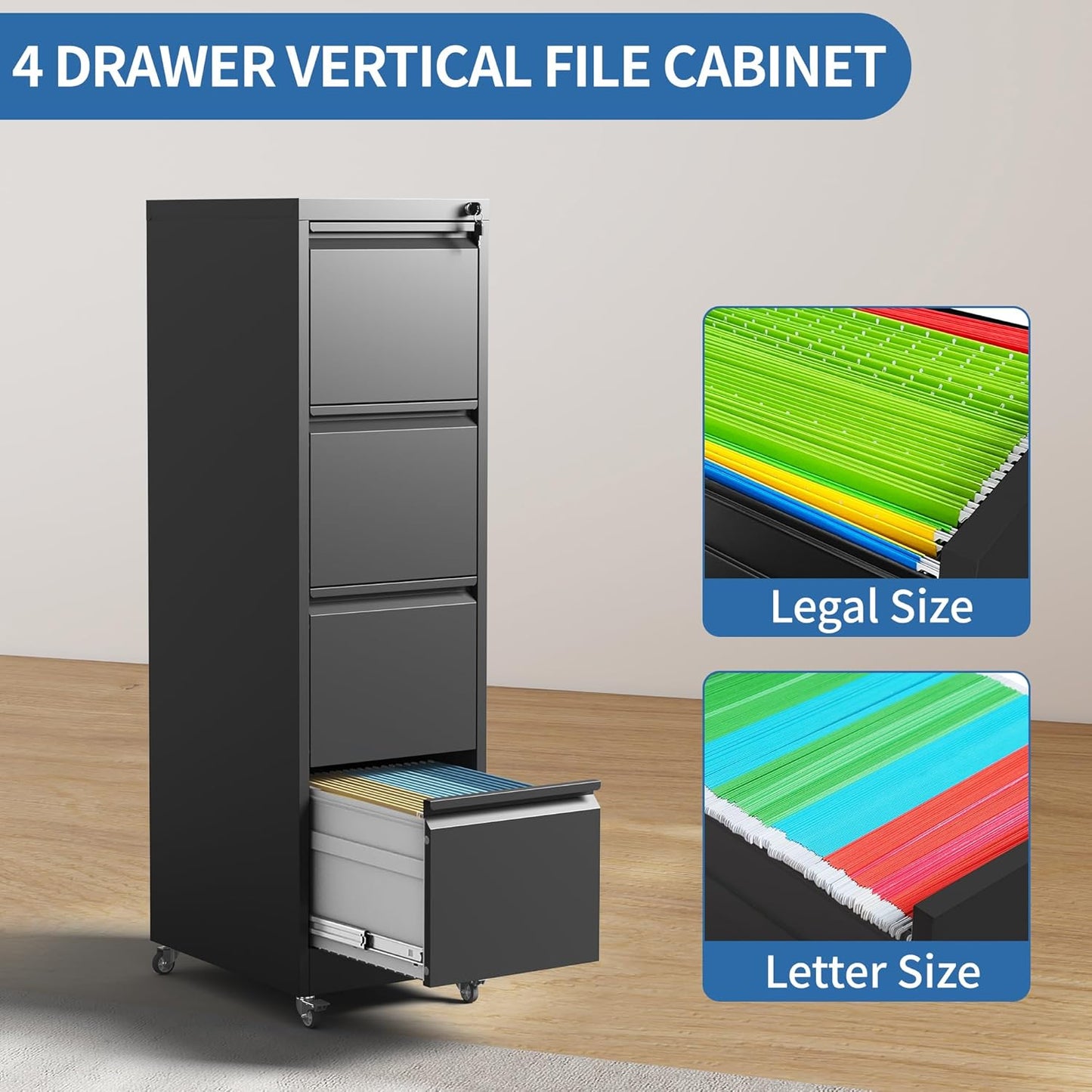 4 Drawer Mobile File Cabinet, Metal Filing Cabinet with Lock and Wheels, Home Office Rolling File Cabinets for Legal/Letter Hanging File Folders, Un-Assembled (Black)