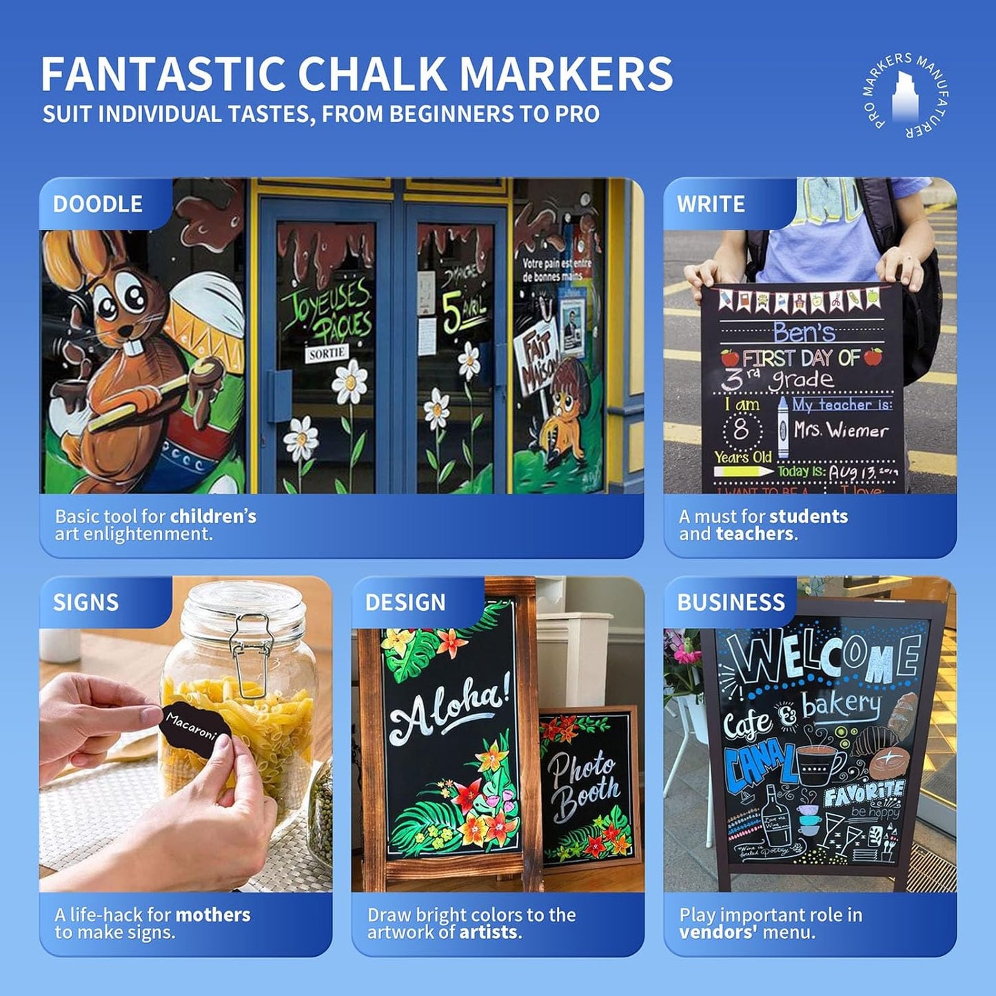 SILENART Blue Chalk Markers 2 Pack - Blue Dry Erase Markers Pen - Liquid Chalk Markers for Chalkboard, Window, Glass, Mirror, Blackboard - 3-6mm Reversible Tip