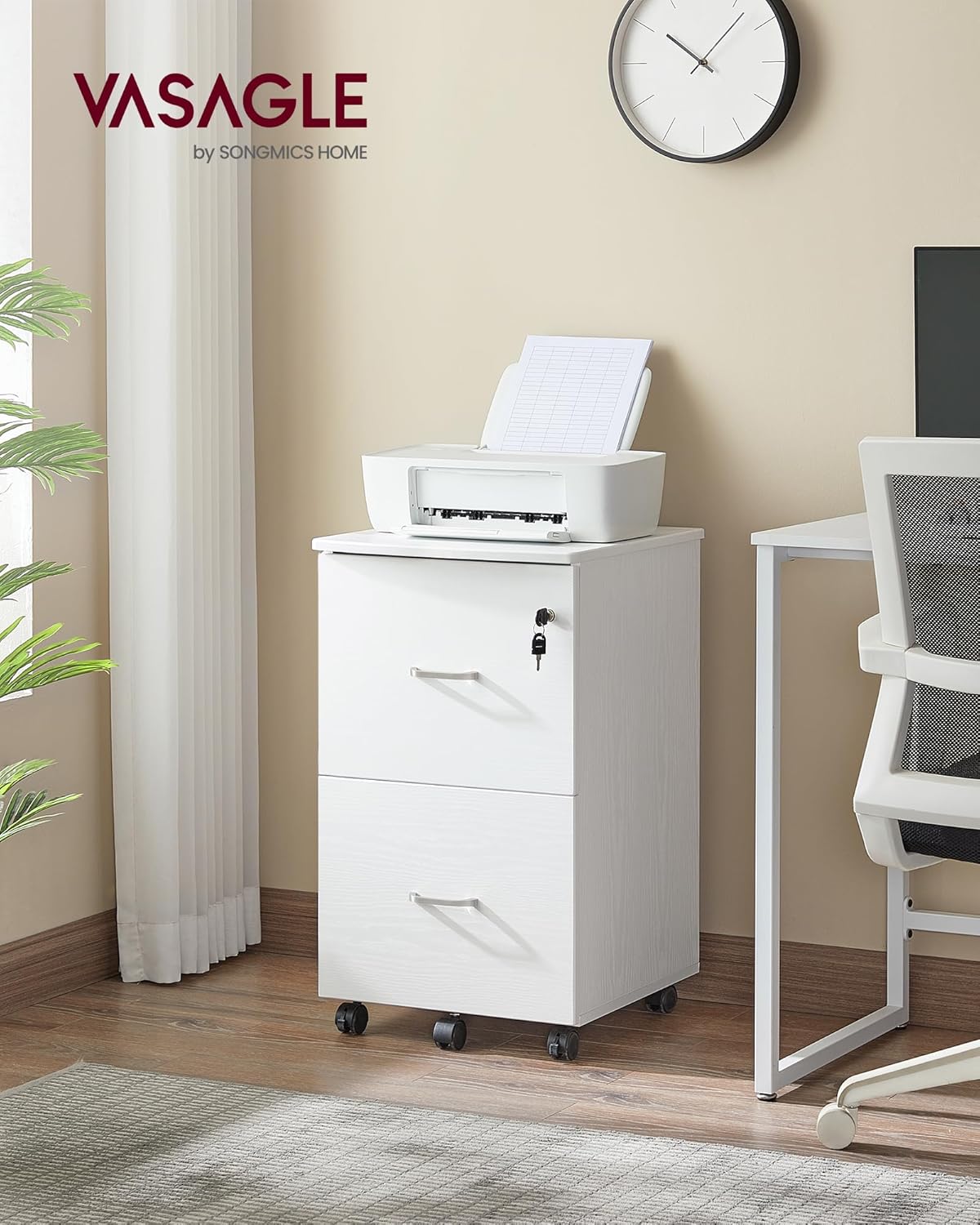 VASAGLE 2-Drawer File Cabinet, Locking Filing Cabinet for Home Office, Small Rolling Printer Stand, A4, Letter-Size Hanging Files, Assembly Required, White ULCD027T46V2