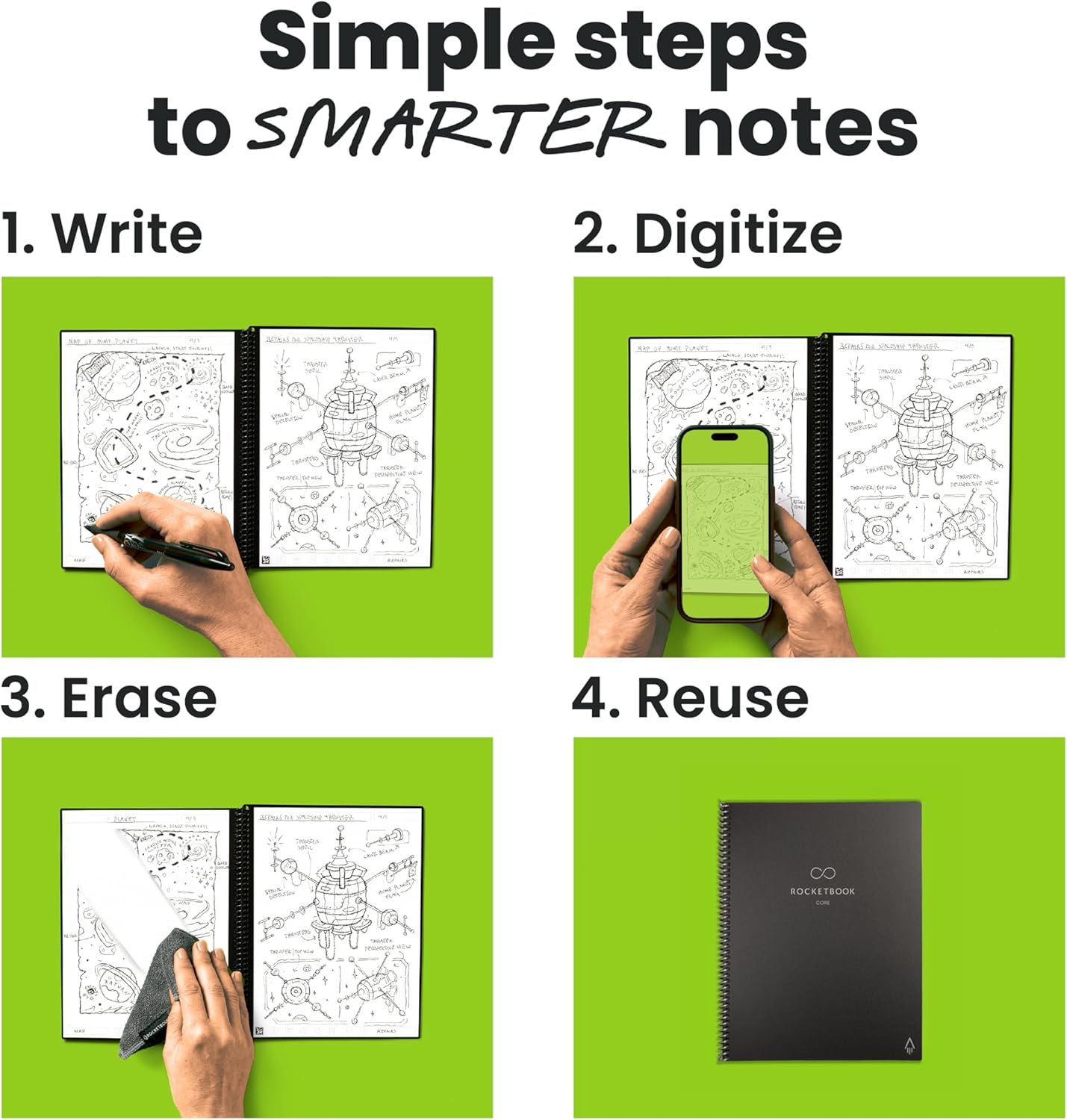 Rocketbook New Core Reusable Spiral Notebook, Letter Size 8.5x11, Black - Dotted Pages, App-Connected, Erasable, Durable Cover, Ideal for School, Work, and Creative Projects