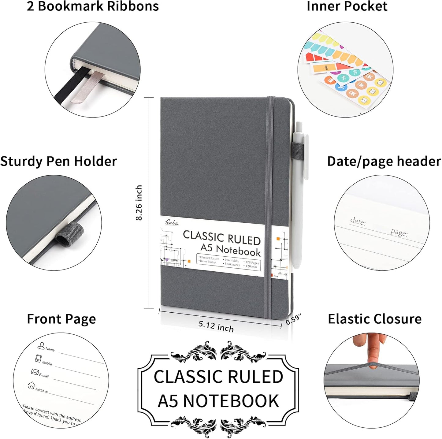 feela 5 Pack Journal Notebook Bulk for School, Hardcover Business Notebooks Classic Ruled Lined Journals with Pen Holder for Work Note Taking, with 5 Black Pens, 120 GSM, 5.1”x8.3”, A5, Gray