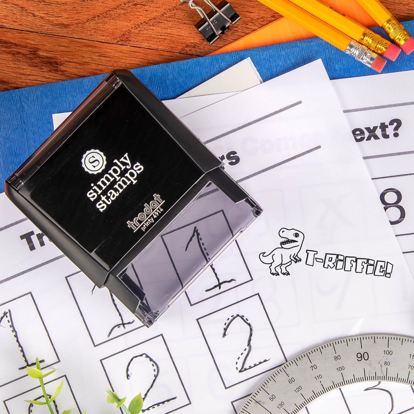 Custom Self-Inking T-Riffic! Teacher Stamps | 49 Fun Designs | Classroom & Library Stamps (Xtra Wide)