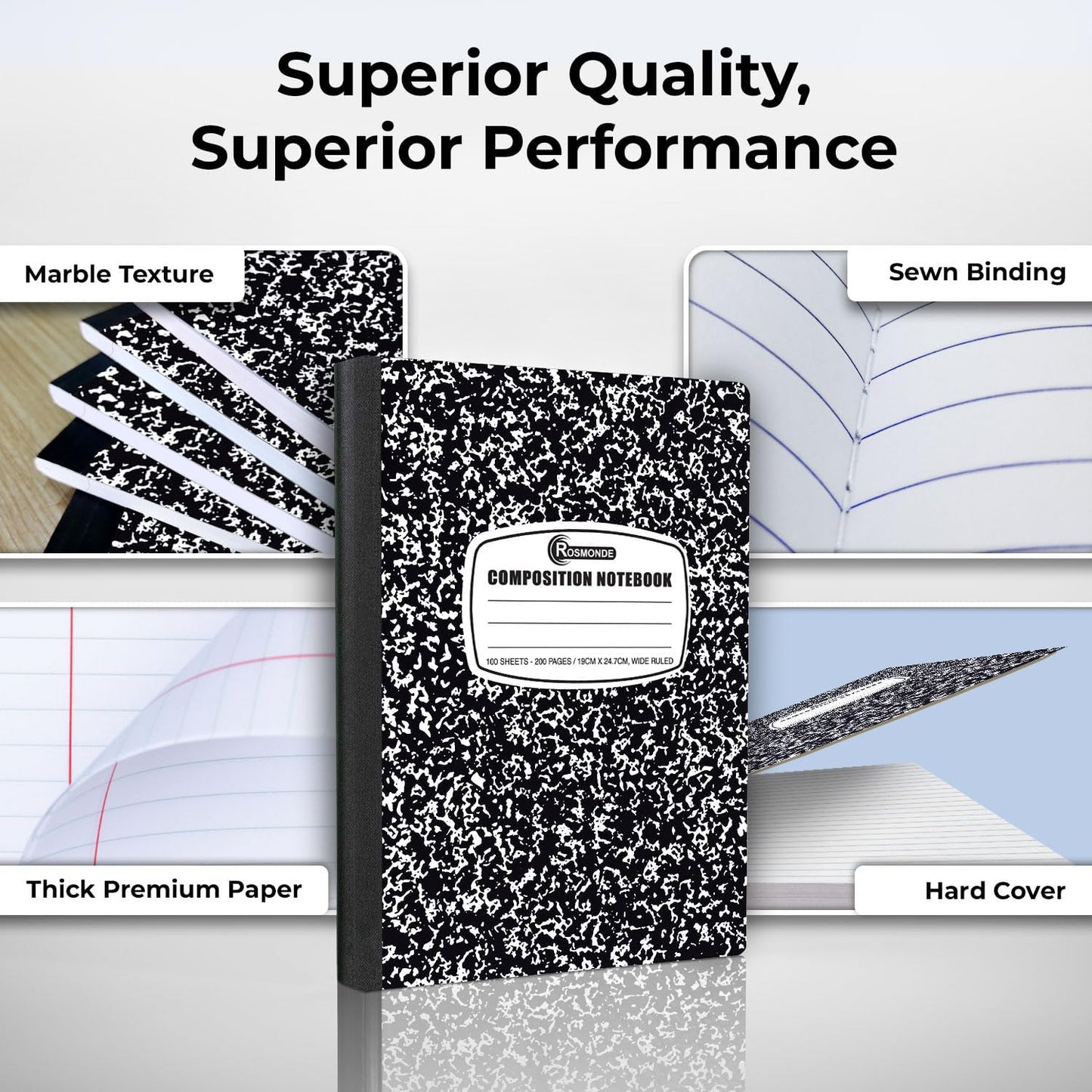 12 Pack Composition Notebook Wide Ruled Bulk, 200 Pages (100 Sheets), 9-3/4 x 7-1/2", Hard Cover Wide Ruled Notebook Bulk, Black Marble Composition Notebook Wide Ruled, Bulk Office Notebooks