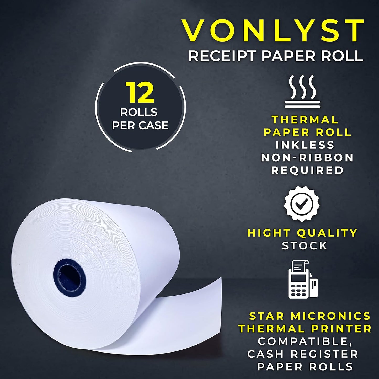 Receipt Paper Roll 3 1/8 x 230 for Square Register and Square POS System connected to Star Micronics Thermal Printer (Pack 12 rolls)