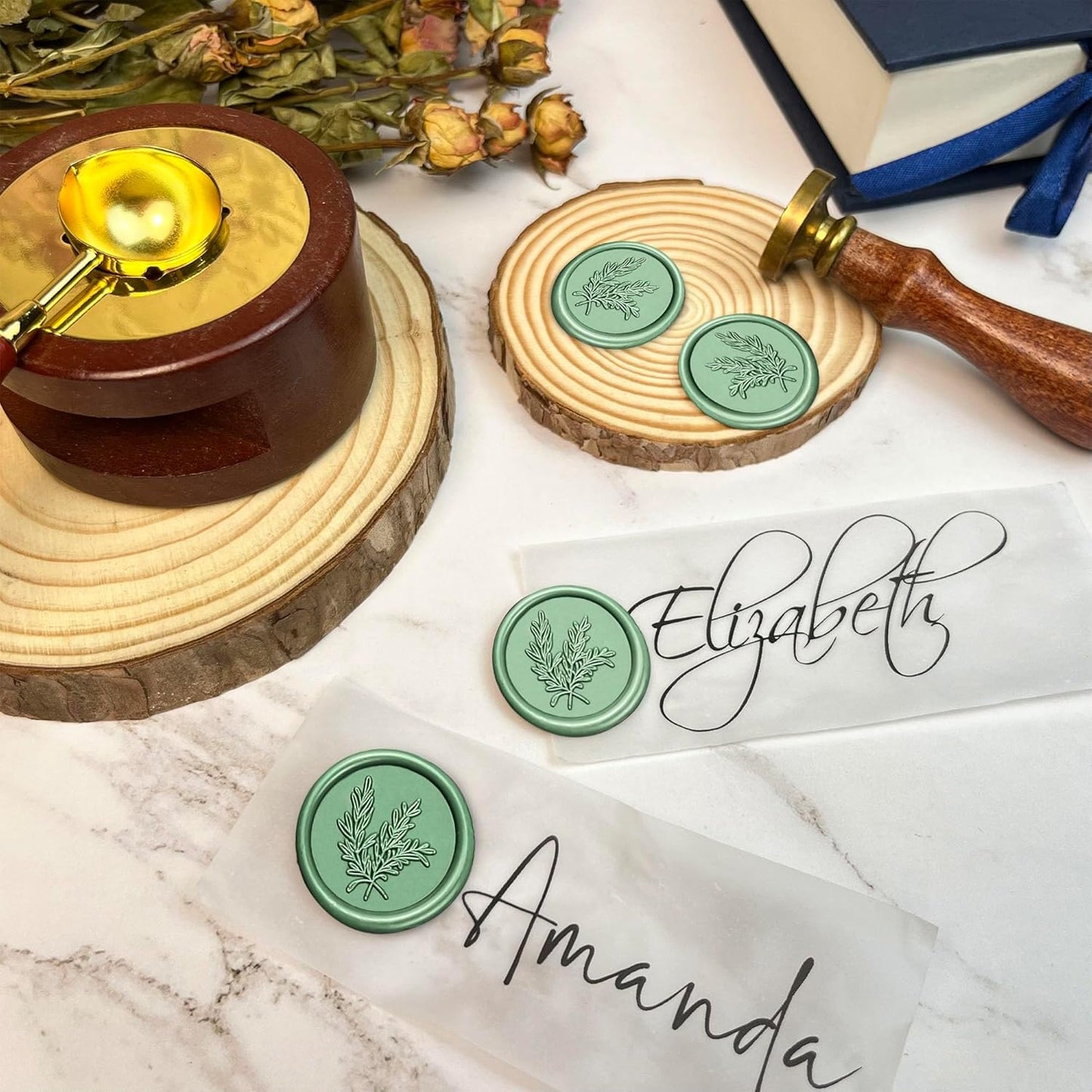 25Pcs Wax Seal Stickers Handmade Envelope Seals Self Adhesive Wax Stickers for Wedding Party Invitations, Envelope, Gift Wrap, Christmas(Rosemary Style, Olive Green)