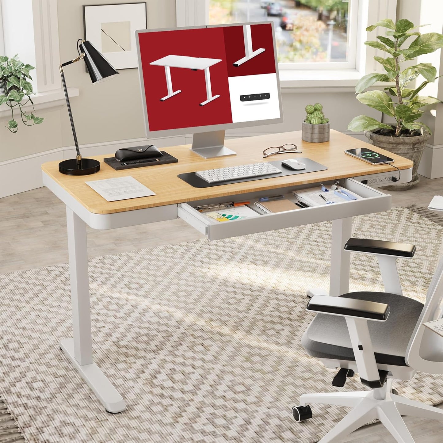 Standing Desk with Drawer, Electric Height Adjustable Home Office Desk with Storage & USB Ports, 55 inch Maple Wood Tabletop/White Frame
