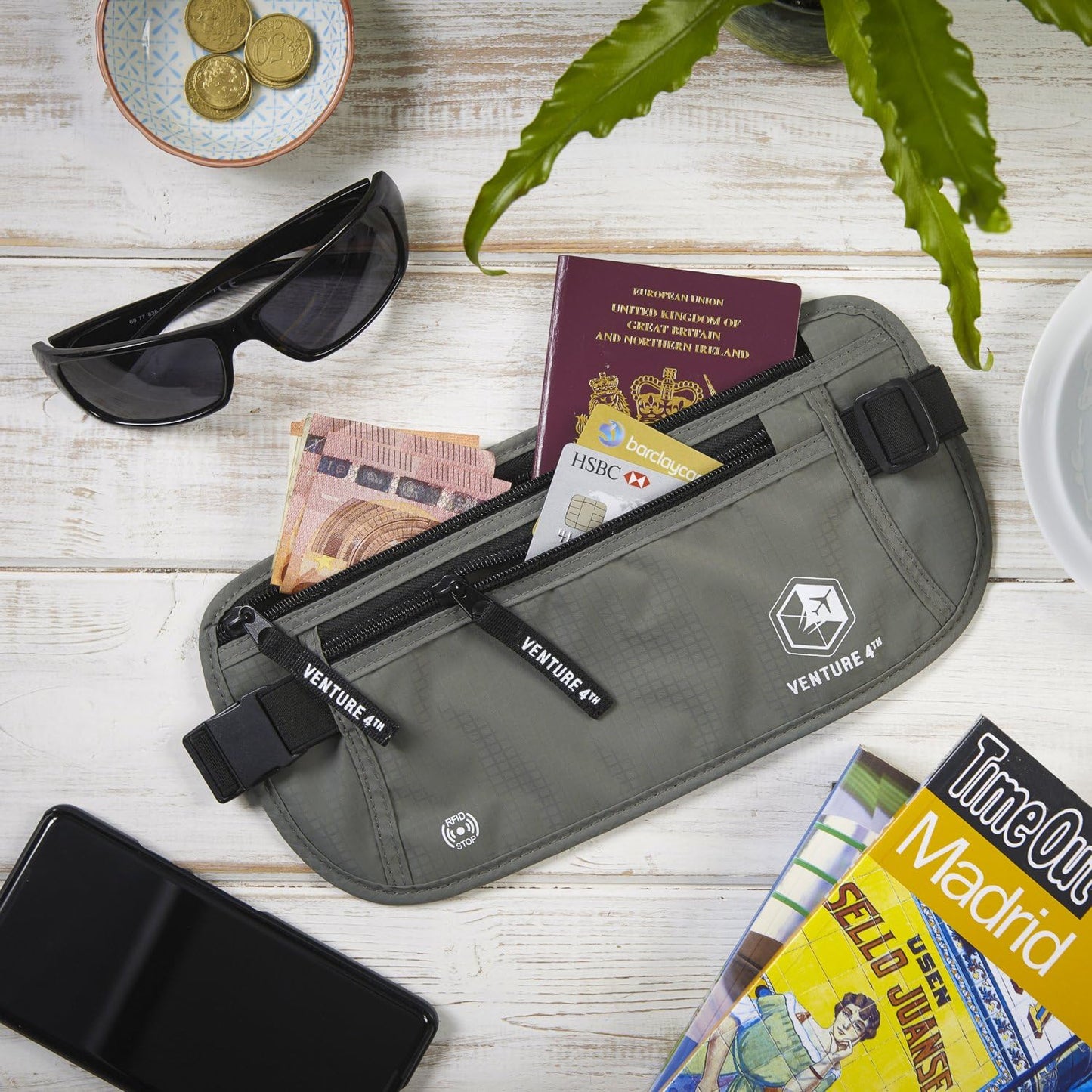 VENTURE 4TH Travel Money Belt - Slim Passport Holder RFID Blocking Travel Pouch to Protect Cash, Credit Cards and Travel Documents (Gray)