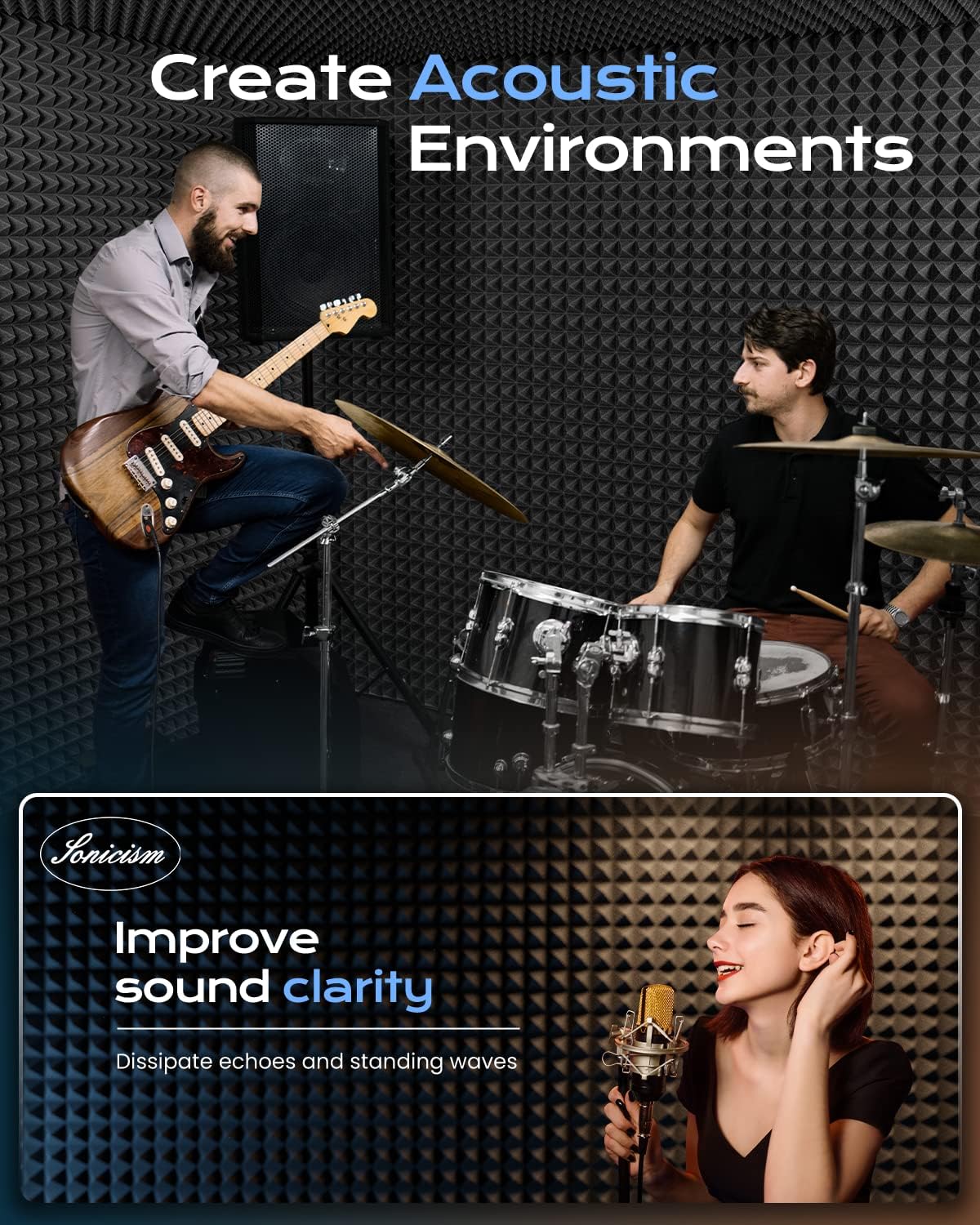 Sonicism Sound Proof Foam Panels for Walls Self-Adhesive Pyramid 41 Pack, 2" X 12" X 12" Soundproof Wall Panels High Density Acoustic Foam Panels Fast Expand,Sound Absorptio&Decoration,Black