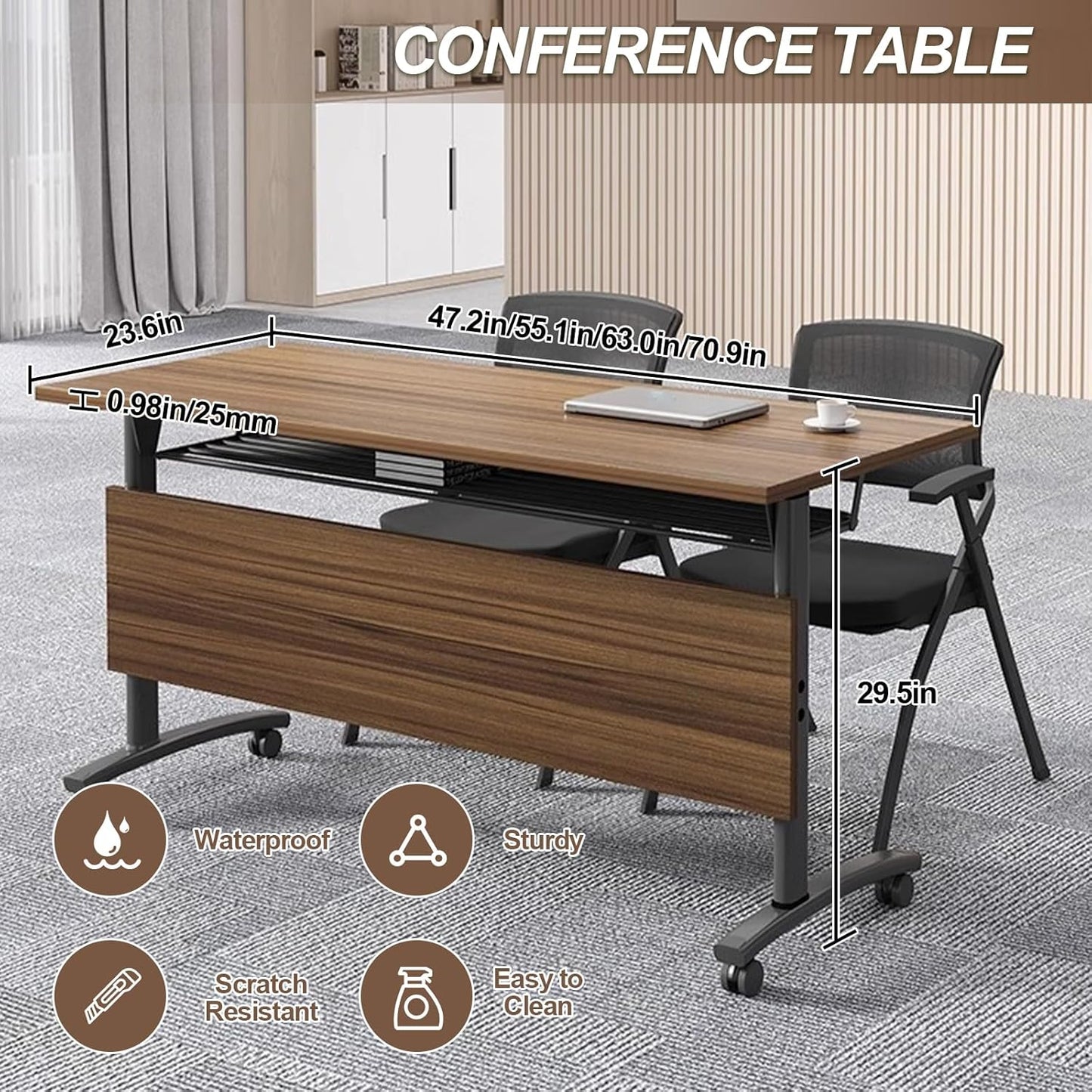 Folding Conference Room Table, Modern Conference Tables with Wheels, Large Rectangular Mobile Training Tables for Office Classroom, Foldable Modular Boardroom Seminar Table Walnut (4pack L63in)