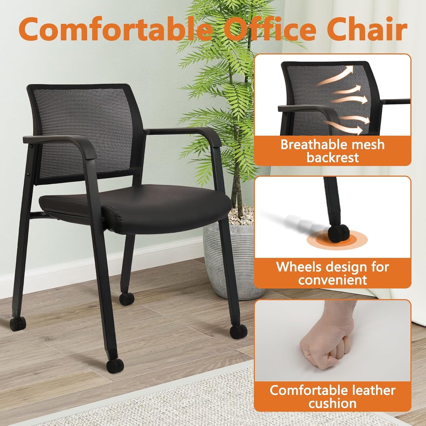 CLATINA Stacking Office Chair with Wheels, Mesh Back Waiting Room Guest Chairs with Arms Comfortable Leather Cushion Stackable Desk Chair for Conference Reception School Side Stationary, Black, 2PK