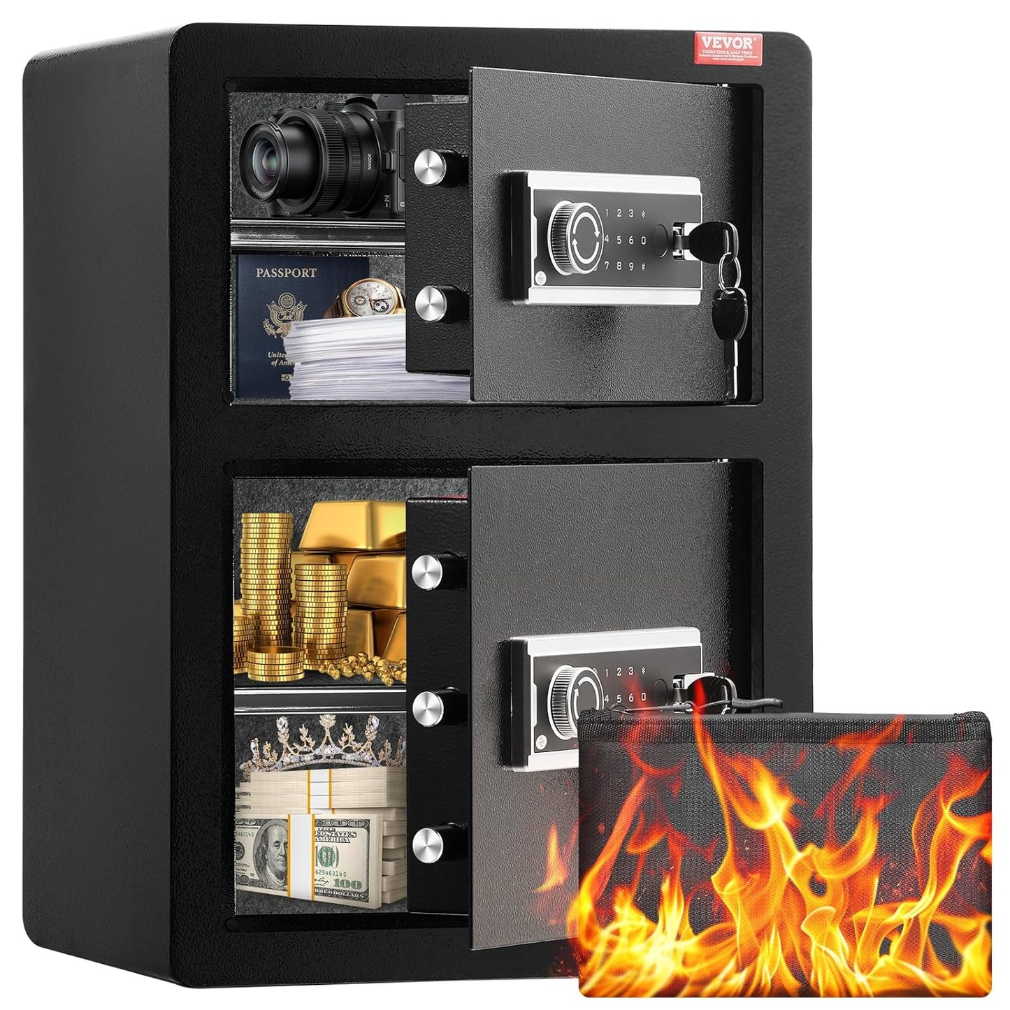 VEVOR Double Doors 3.5 cu.ft Safe Box with Key Lock & Password, Safe Lock Box with Fireproof Bag, Key Rack, LED Light and 2 Height Adjustable and Removable Divider for Money, Jewelry and Valuables