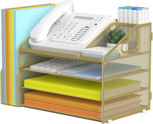 DocNest 4 Tier Paper Letter Tray File Organizer, Mesh Desk File with Handle, Workspace Desk Organizers with Pen Holder, Office Organization Storage Accessories - Gold Yellow