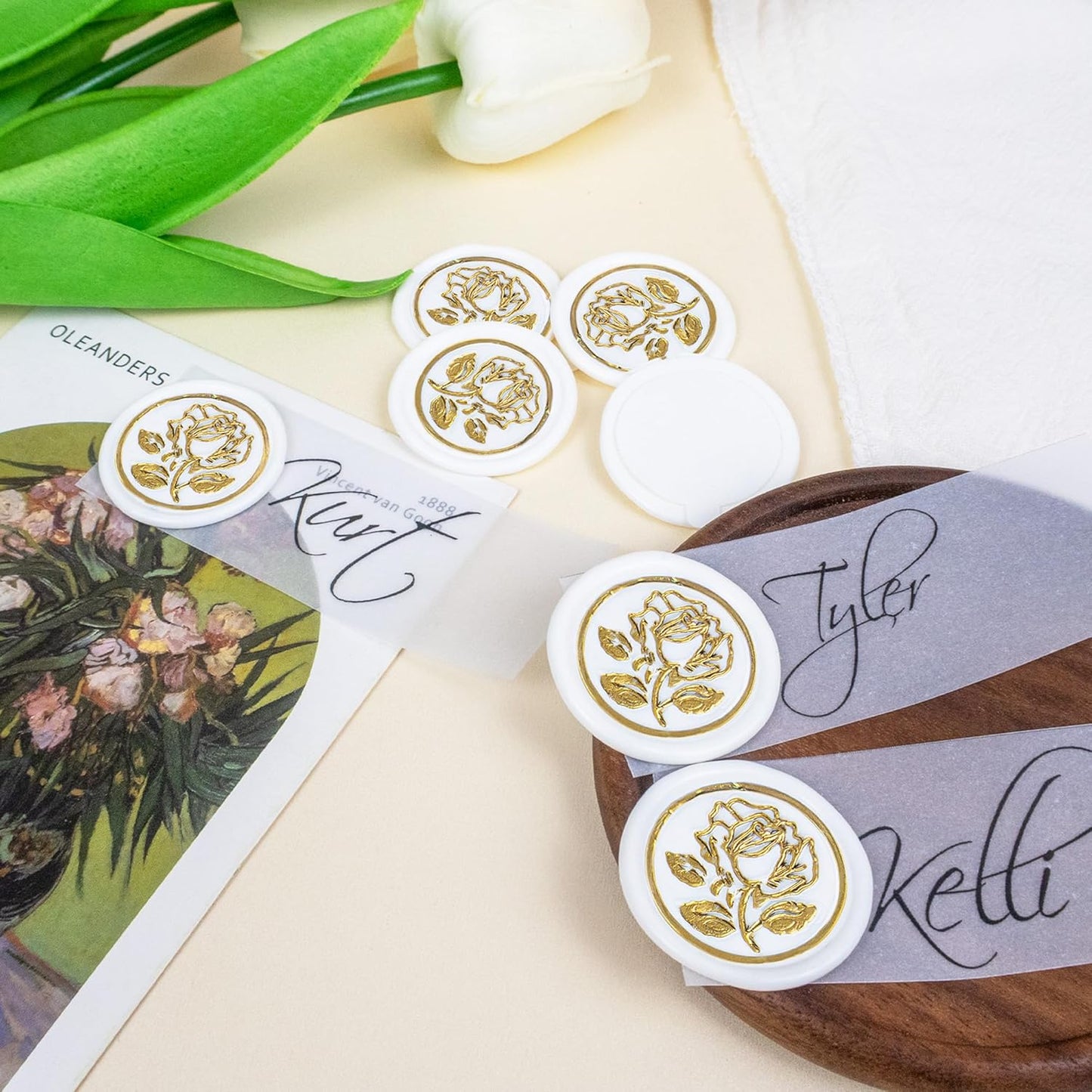 25Pcs Gold & White Wax Seal Stickers - Handmade Envelope Seals, Self-Adhesive Wax Stickers for Wedding Party Invitations, Envelope, Gift Wrap, Christmas (Gold Rose Style, White)