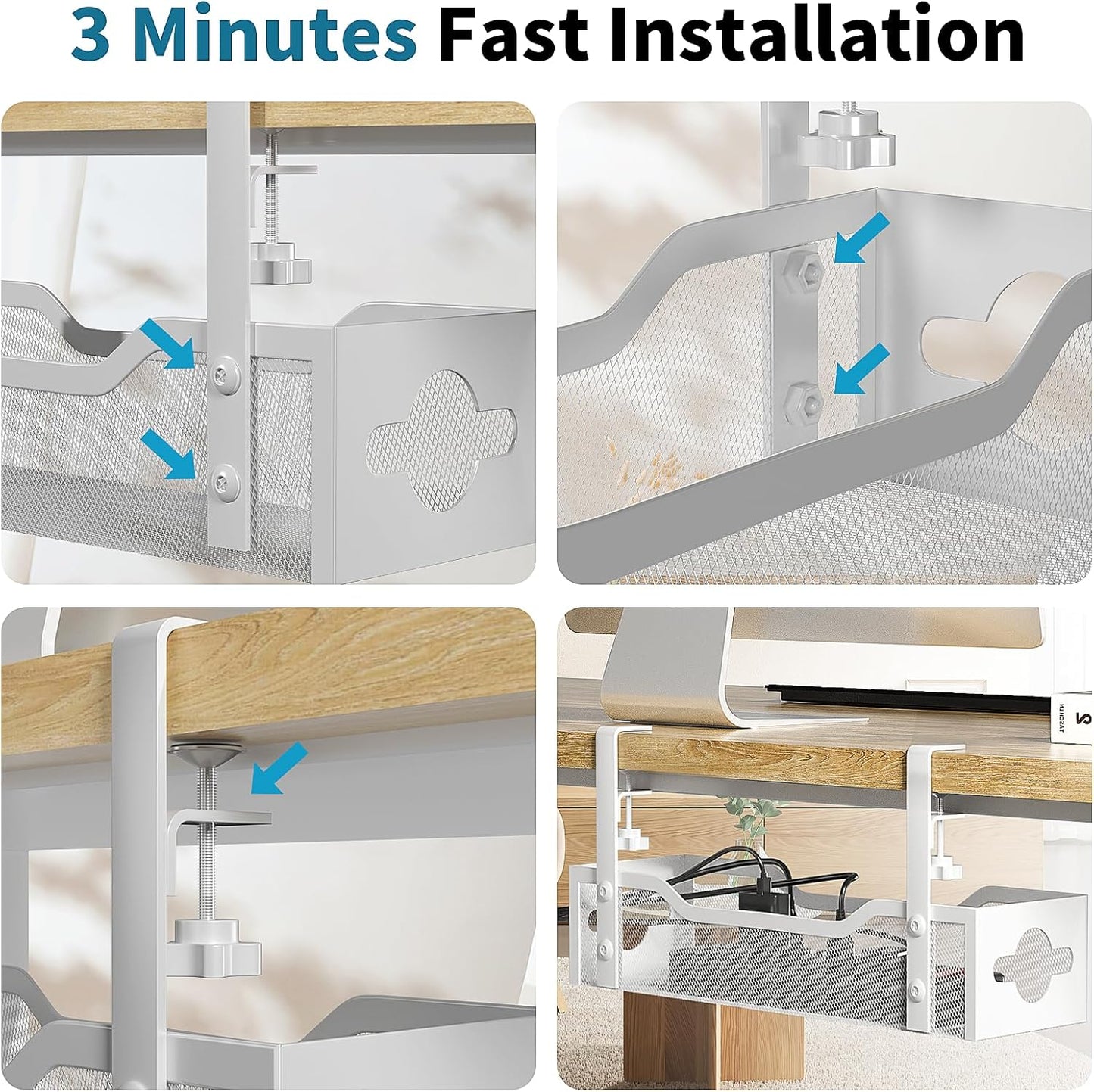 Under Desk Cable Management Tray, Litwaro No Drill, Metal Tray with Clamp for Wire Management, Cord Organizer Home Office Damage to Standing Desk, White, 13.38''