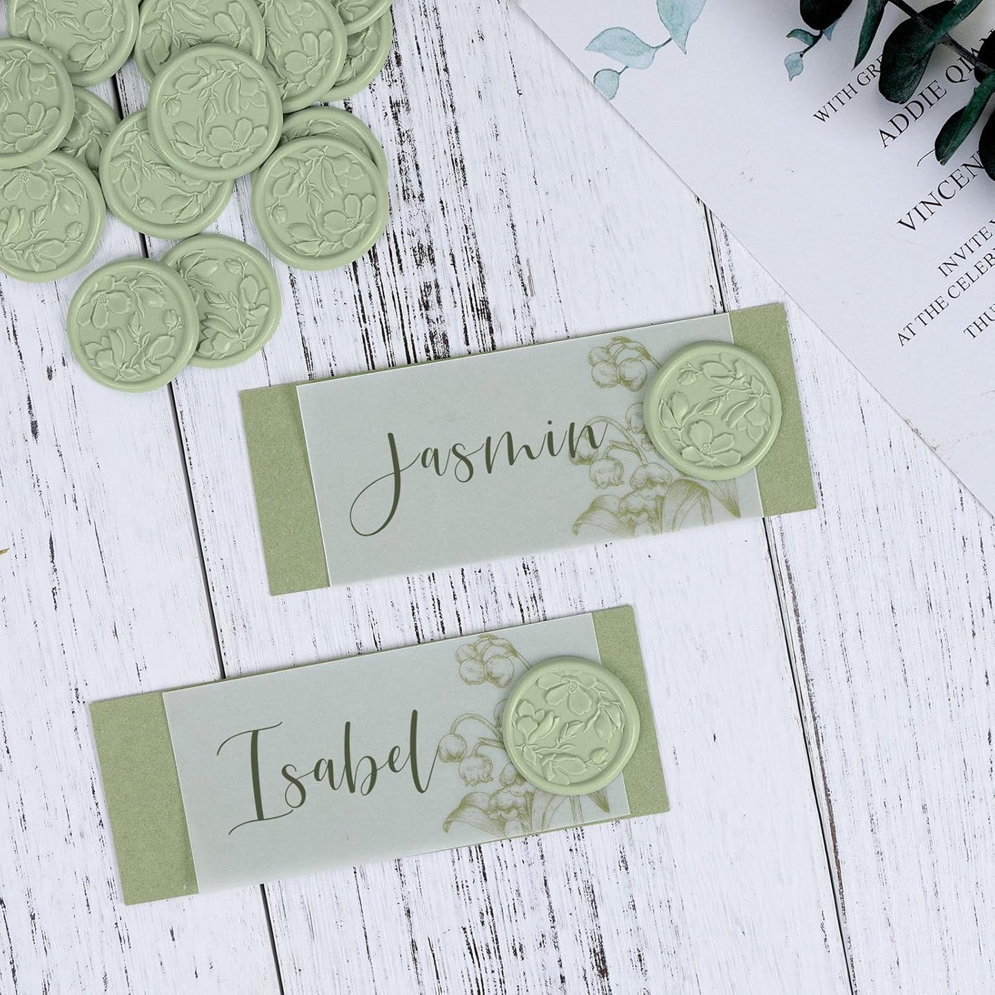 UNIQOOO Wax Seal Stickers - 3D Magnolia Wedding Invitation Envelope Botanical Seal Stickers, 50 Pcs Self- Adhesive Sage Green Stickers, Perfect for Invitation, Christmas, Gift Wrapping, Party