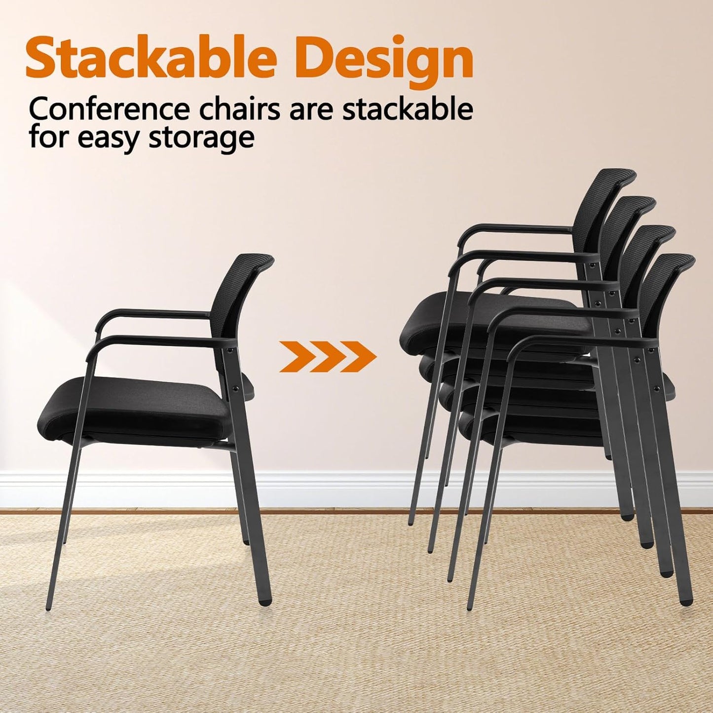 CLATINA Mesh Back Stacking Arm Chairs with Upholstered Fabric Seat and Ergonomic Lumber Support for Office School Church Guest Reception Black 4 Pack Set New Version