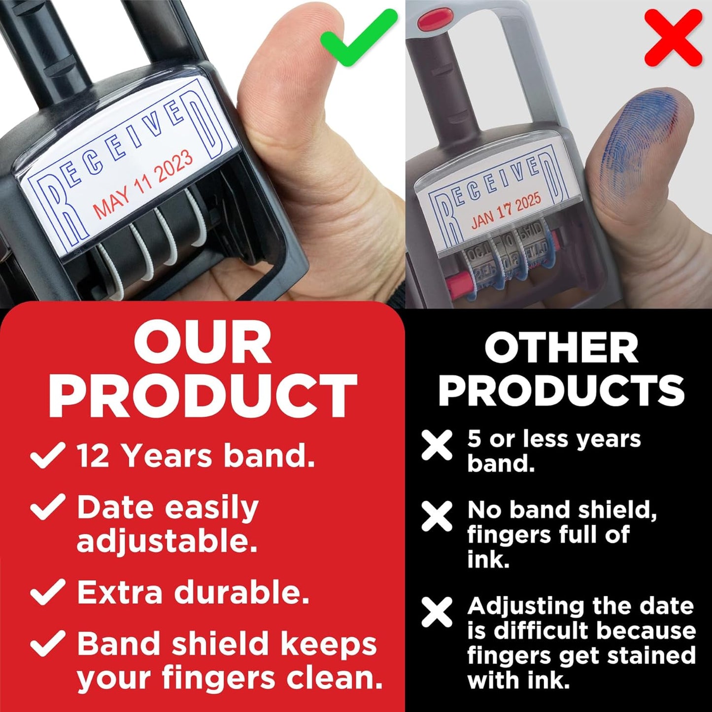 Self-Inking Rubber Date Office Stamp with Paid Phrase - Red Ink - 12-Year Band