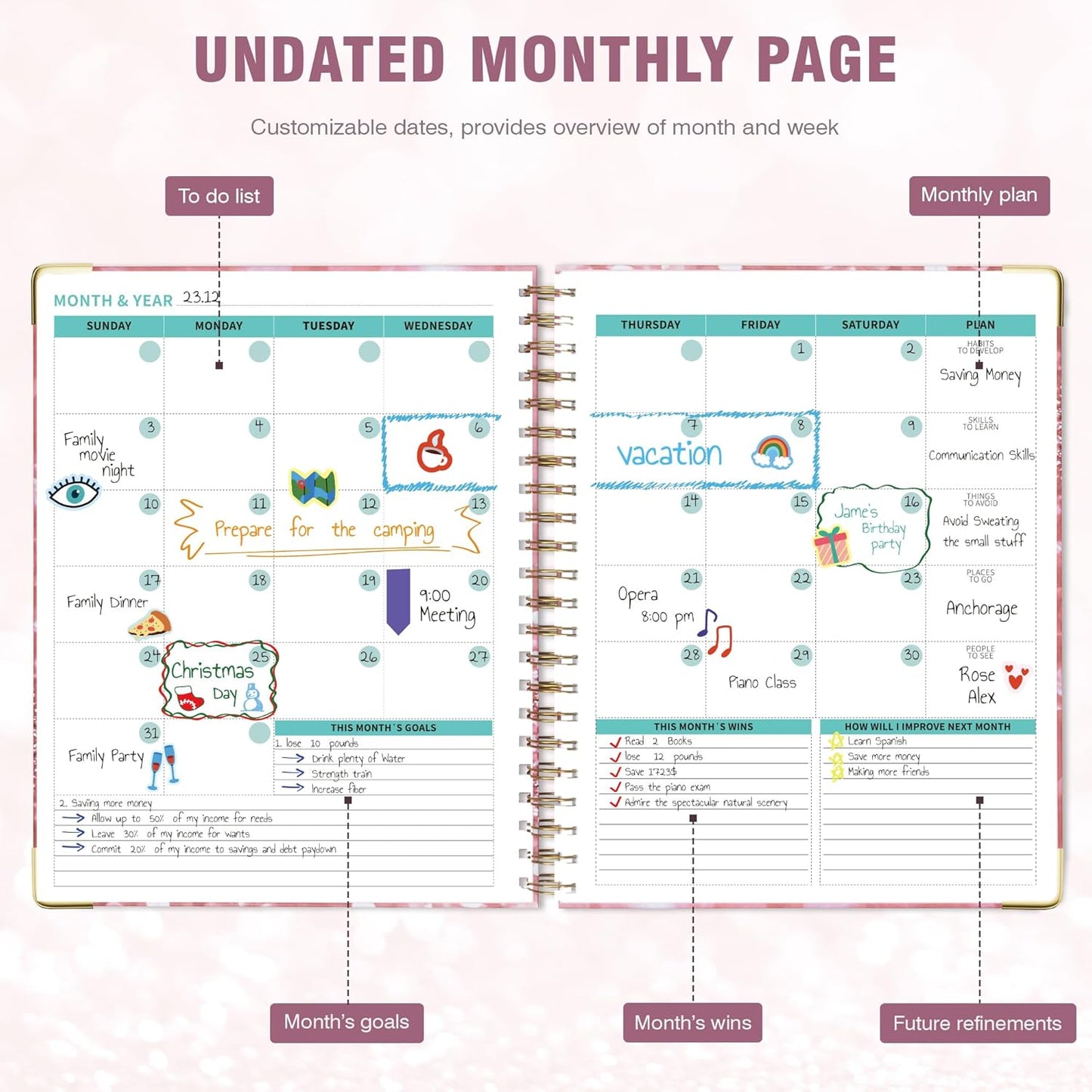 Ospelelf Undated Spiral Bound Planner Daily, Weekly and Monthly Planner, Pink Teacher Planners 12 Month 8.5 x 11