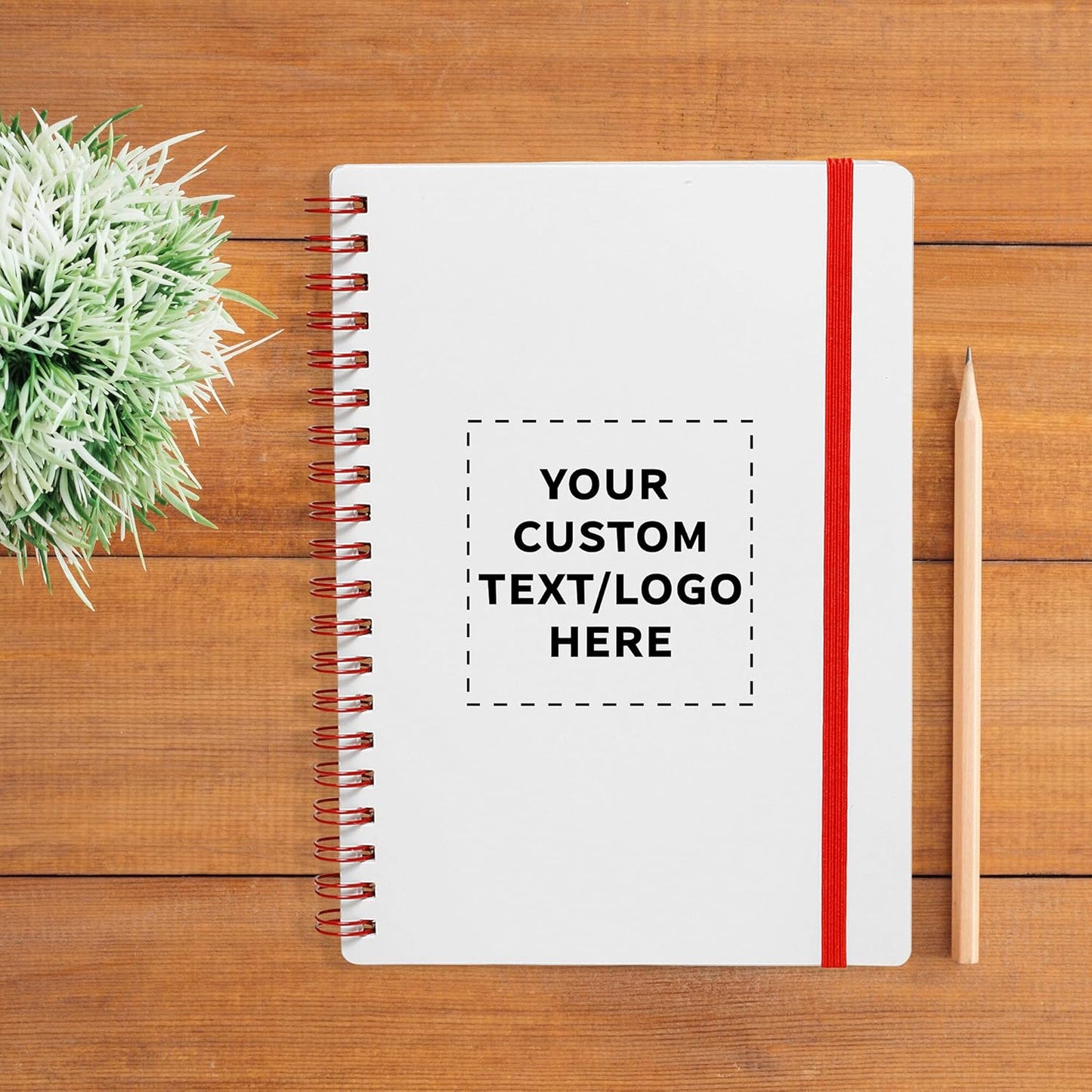 10 White Spiral Notebooks with Elastic Band Pack - Customizable Text, Logo - 80 lined pages, Recycled - Red