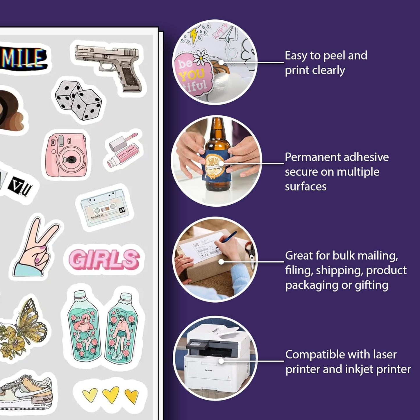 8.5" x 11", 100 Sheets, 100 Printable White Sticker Paper, Full Sheet Shipping Labels for Laser & Inkjet Printers, Letter Size